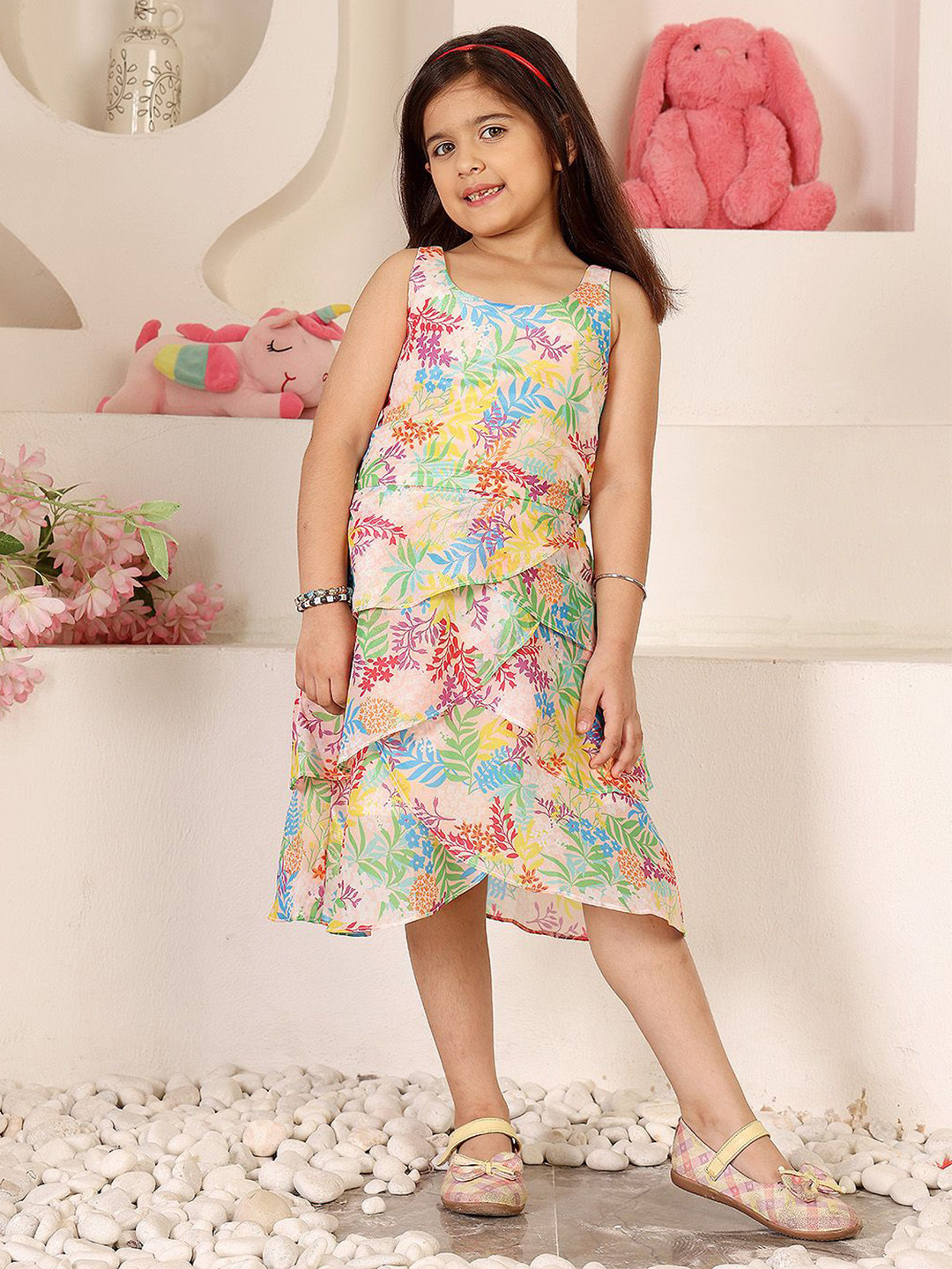 ADORNIA Girls Floral Printed Crepe Fit & Flare Dress
