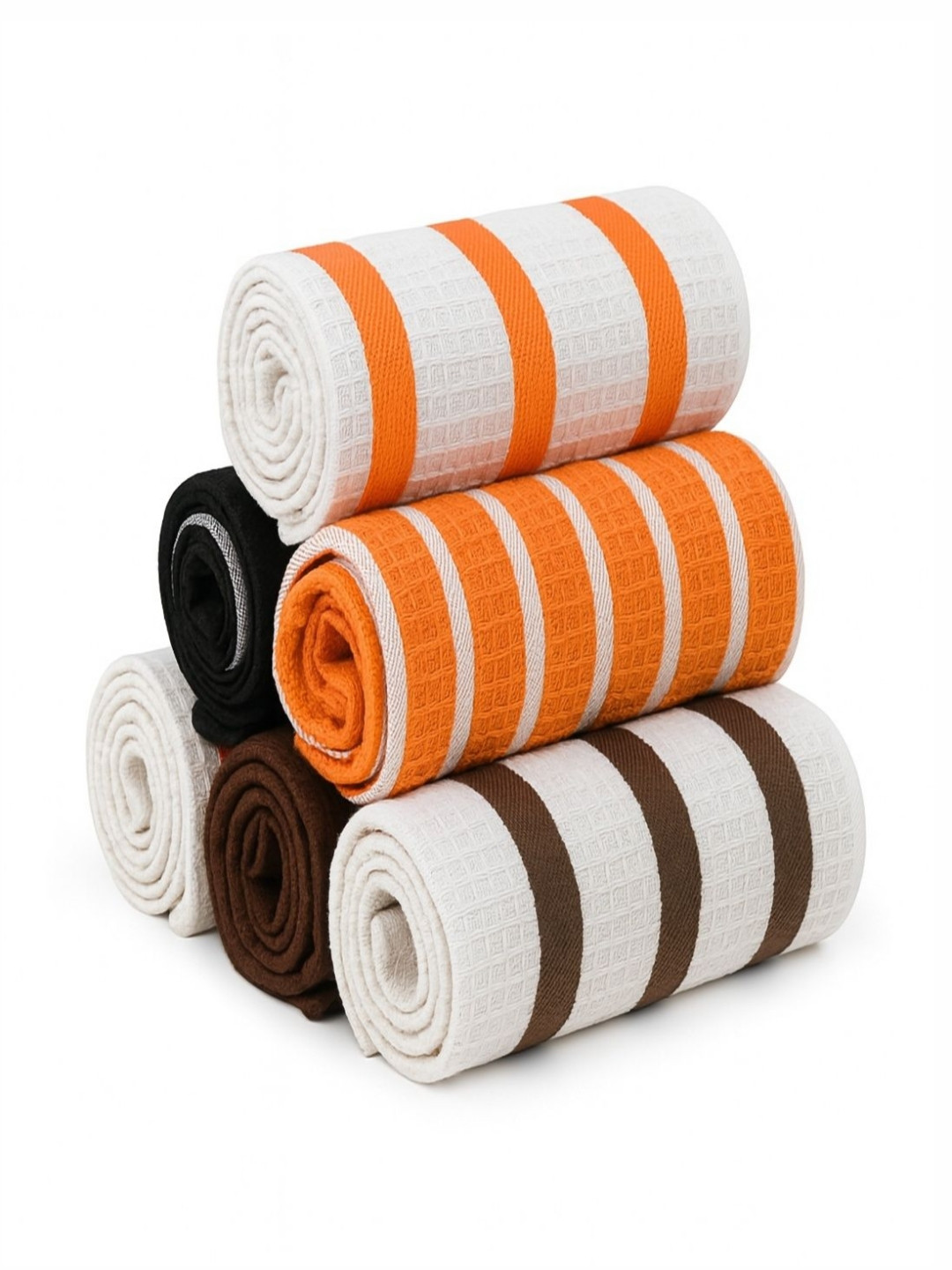 LINENSUTRA 6 Pieces Black & Orange Striped Cotton Kitchen Towels