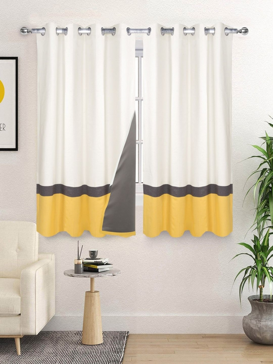 Saral Home Yellow And White 2 Pieces Colourblocked Black Out Cotton Window Curtains
