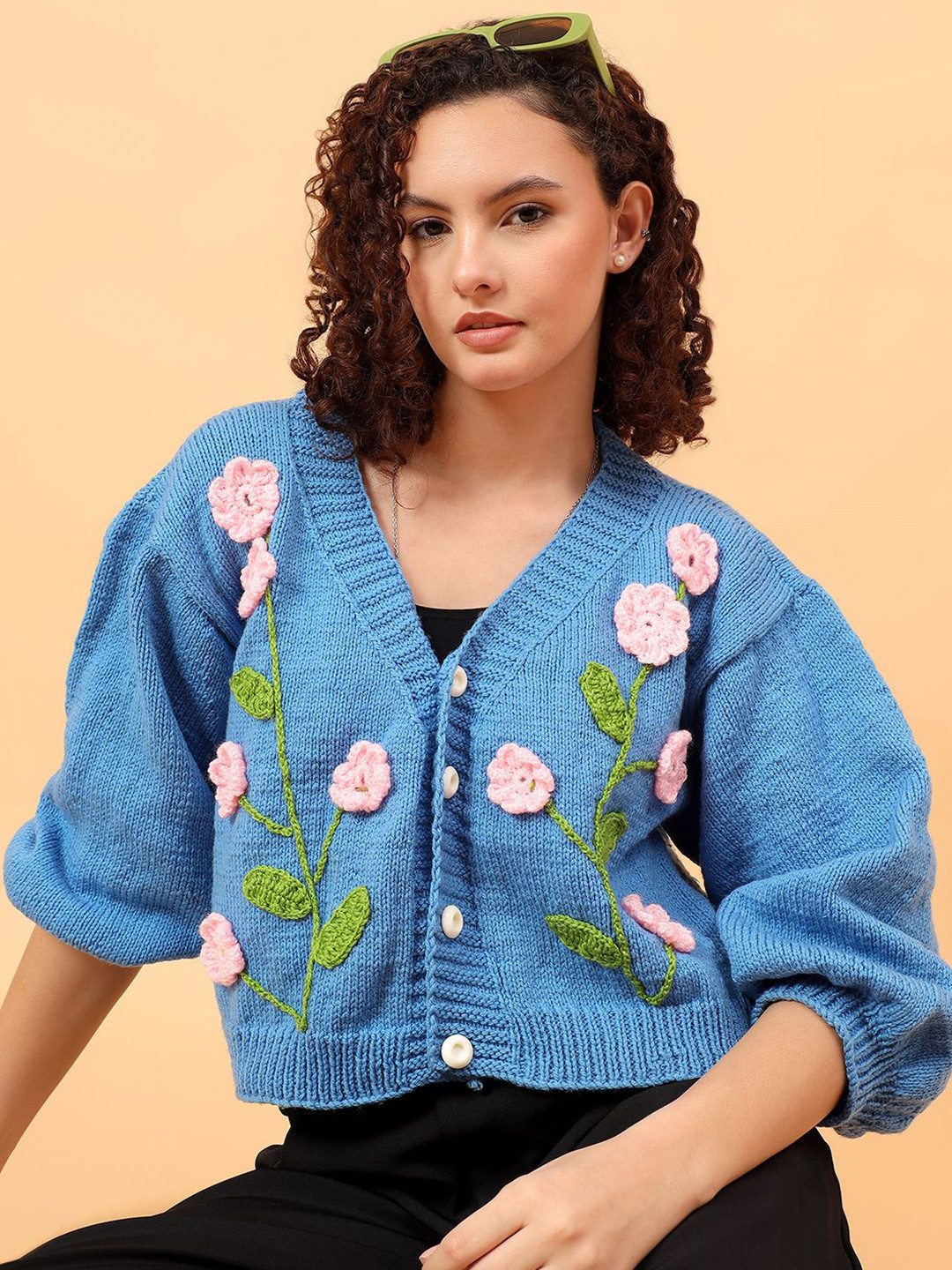Velvery Women Floral  Embroidered Cardigan Sweater