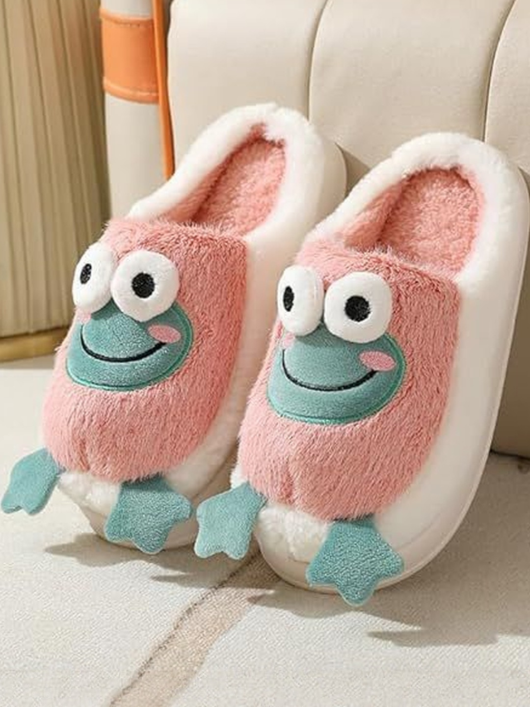Eleg & Stilance Unisex Cute Frog Fur Sliders
