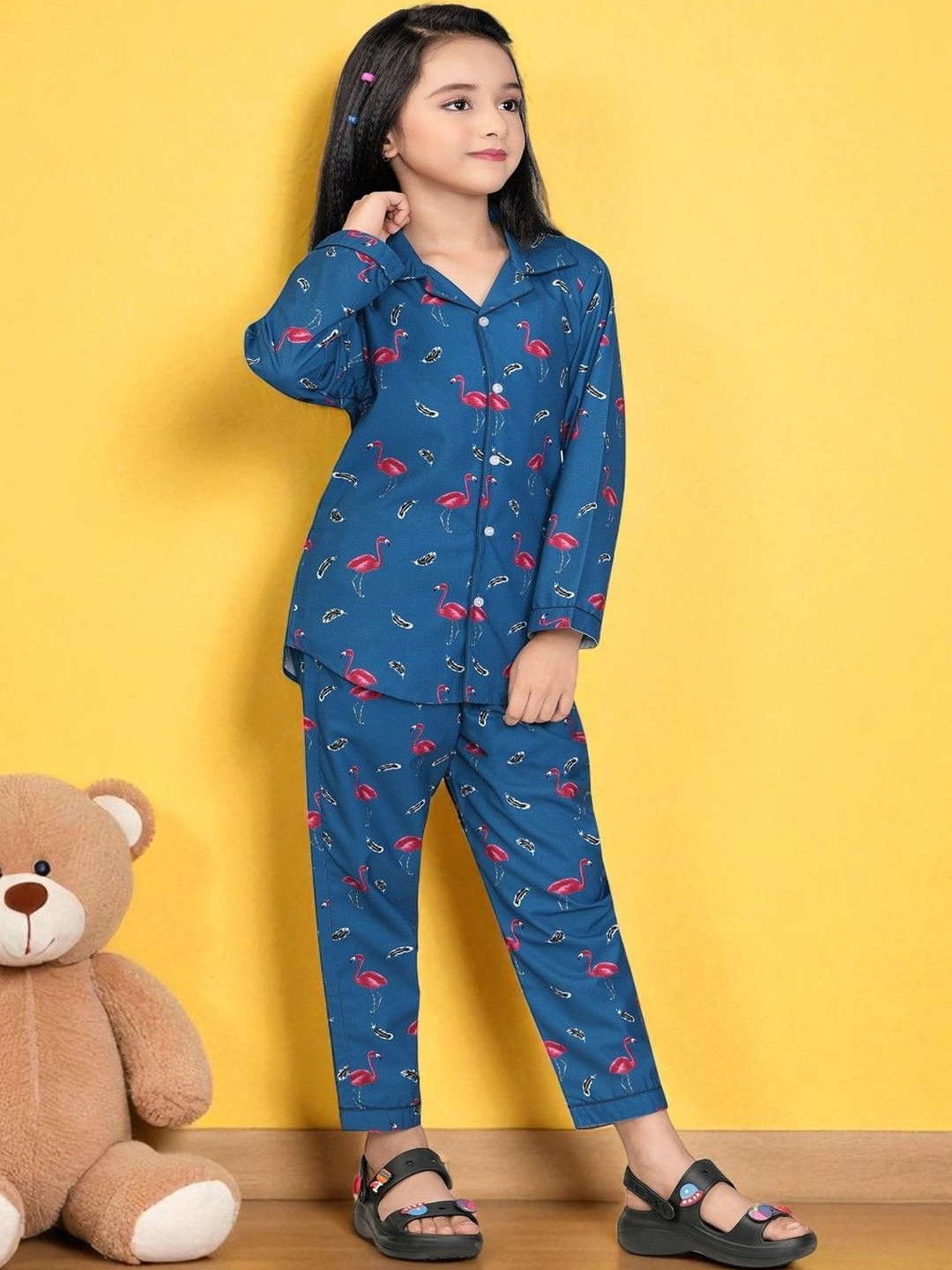 Club96 Girls Printed Spread Collar Short Sleeve Shirt With Pants
