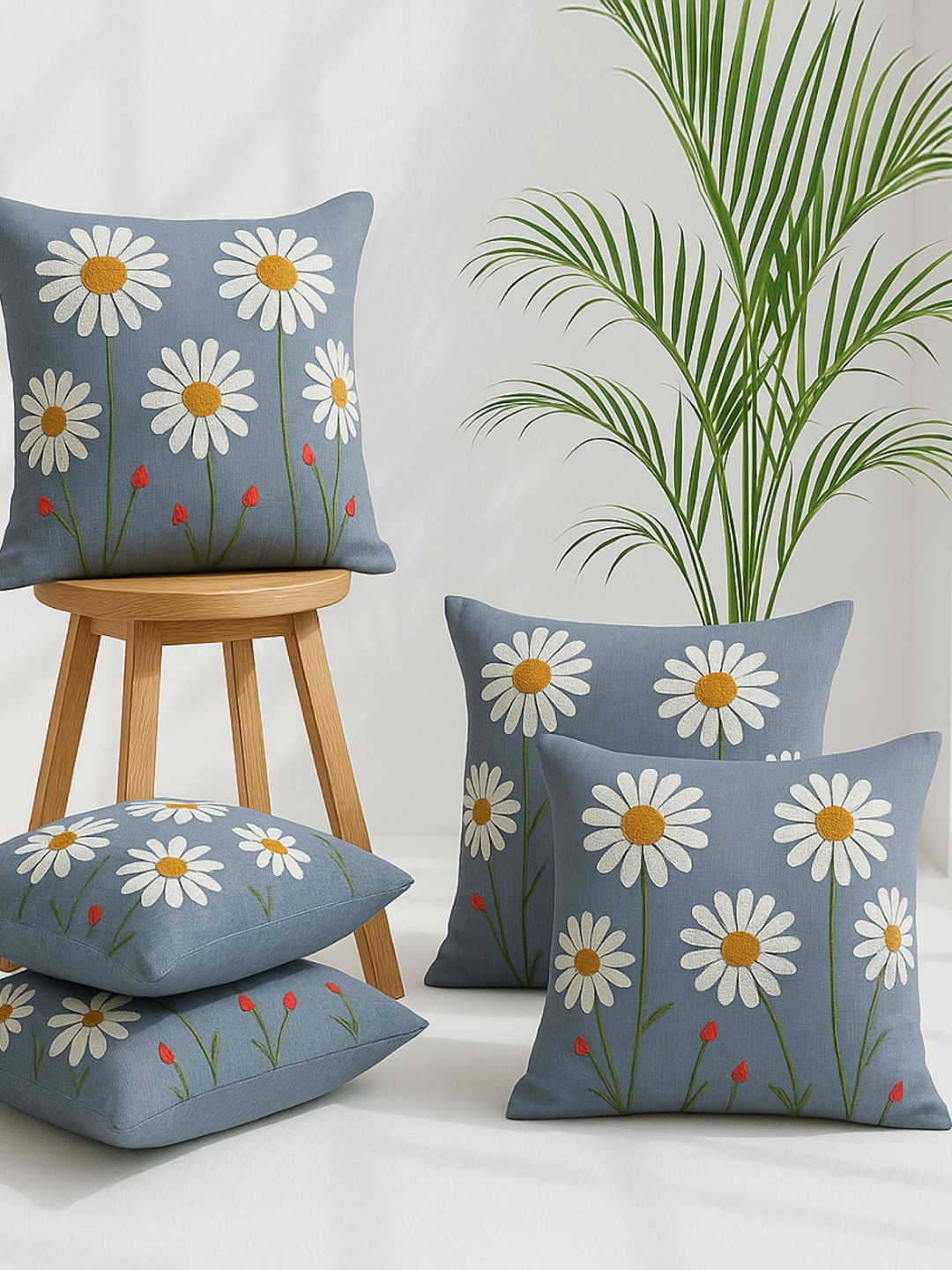 MFD HOME FURNISHING Blue & White 5 Pieces Floral Square Cushion Covers
