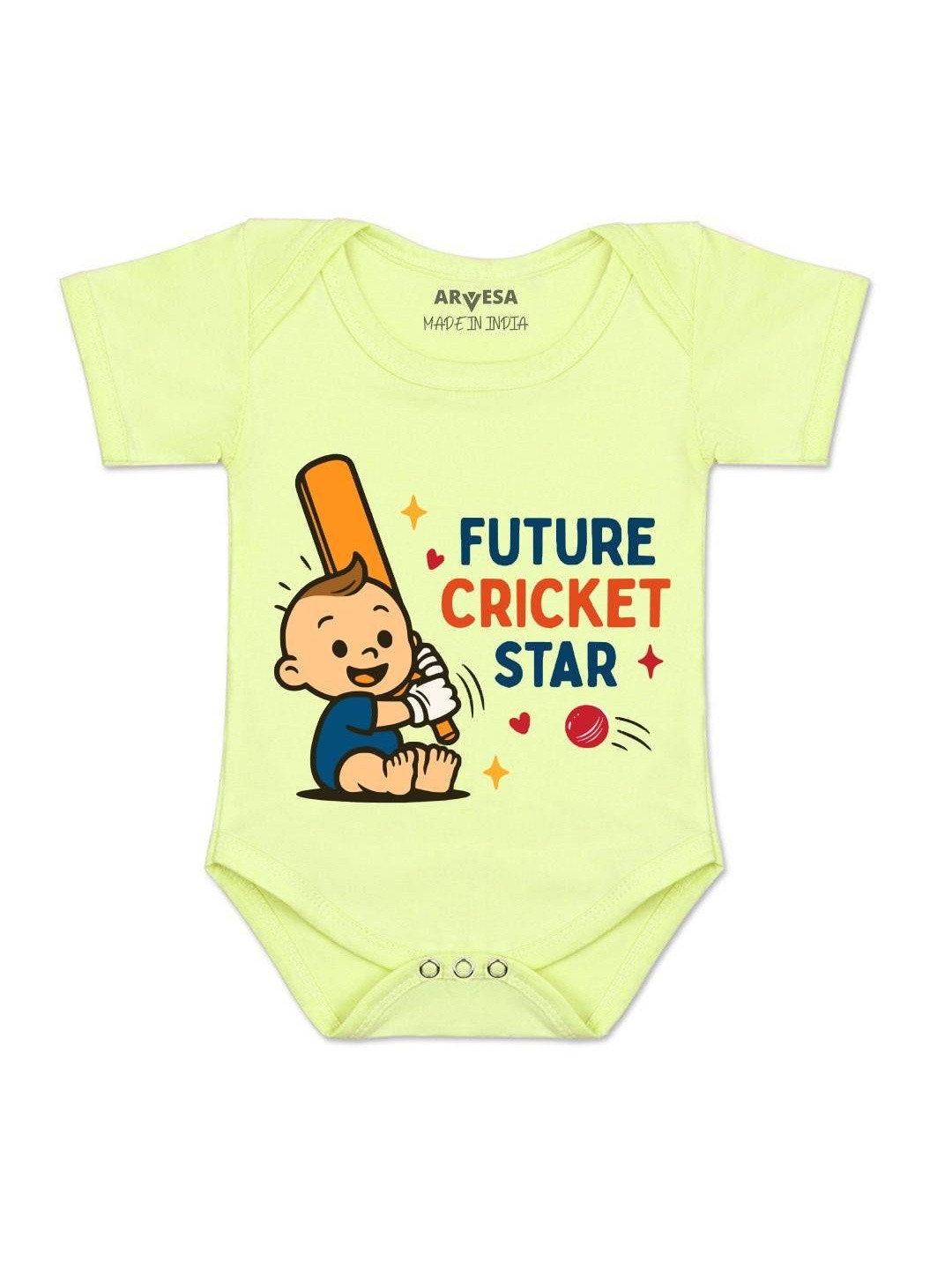 Arvesa Kids Future Cricketer Star Printed Envelope Neck Short SLeeve Romper