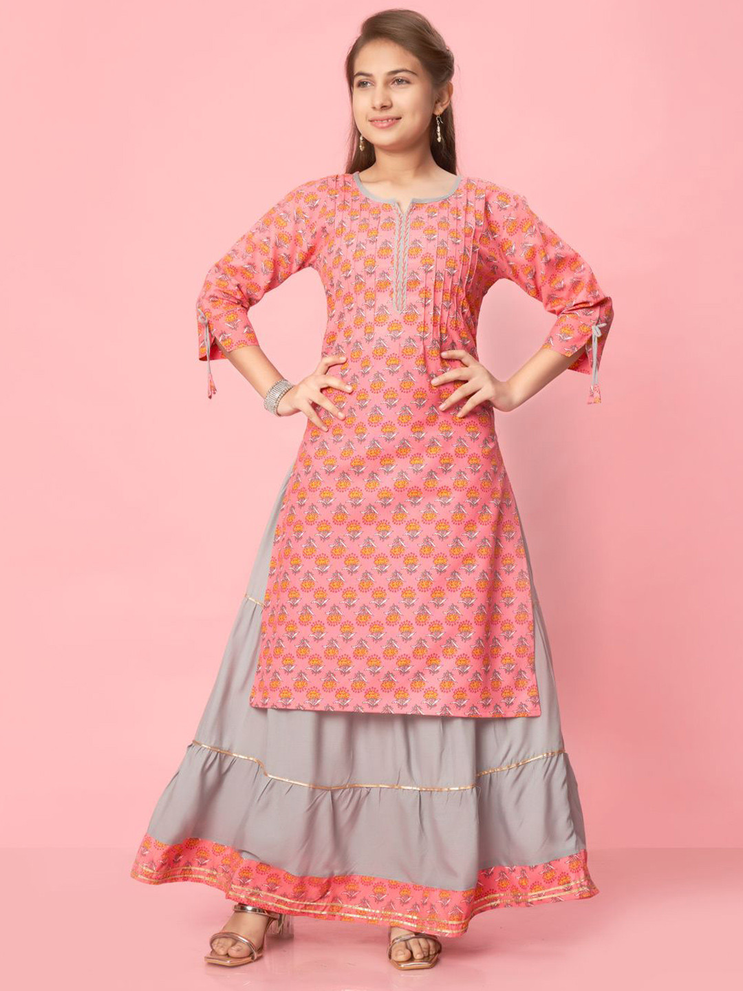 BAESD Girls Floral Printed Round Sleeve A-Line Kurta