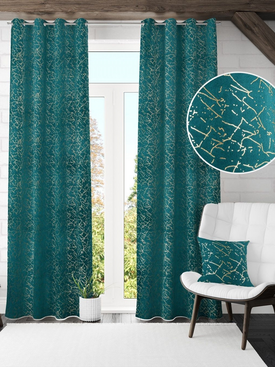 GEET CREATIONS Blue & Gold Abstract Printed Room Darkening Long Door Curtain