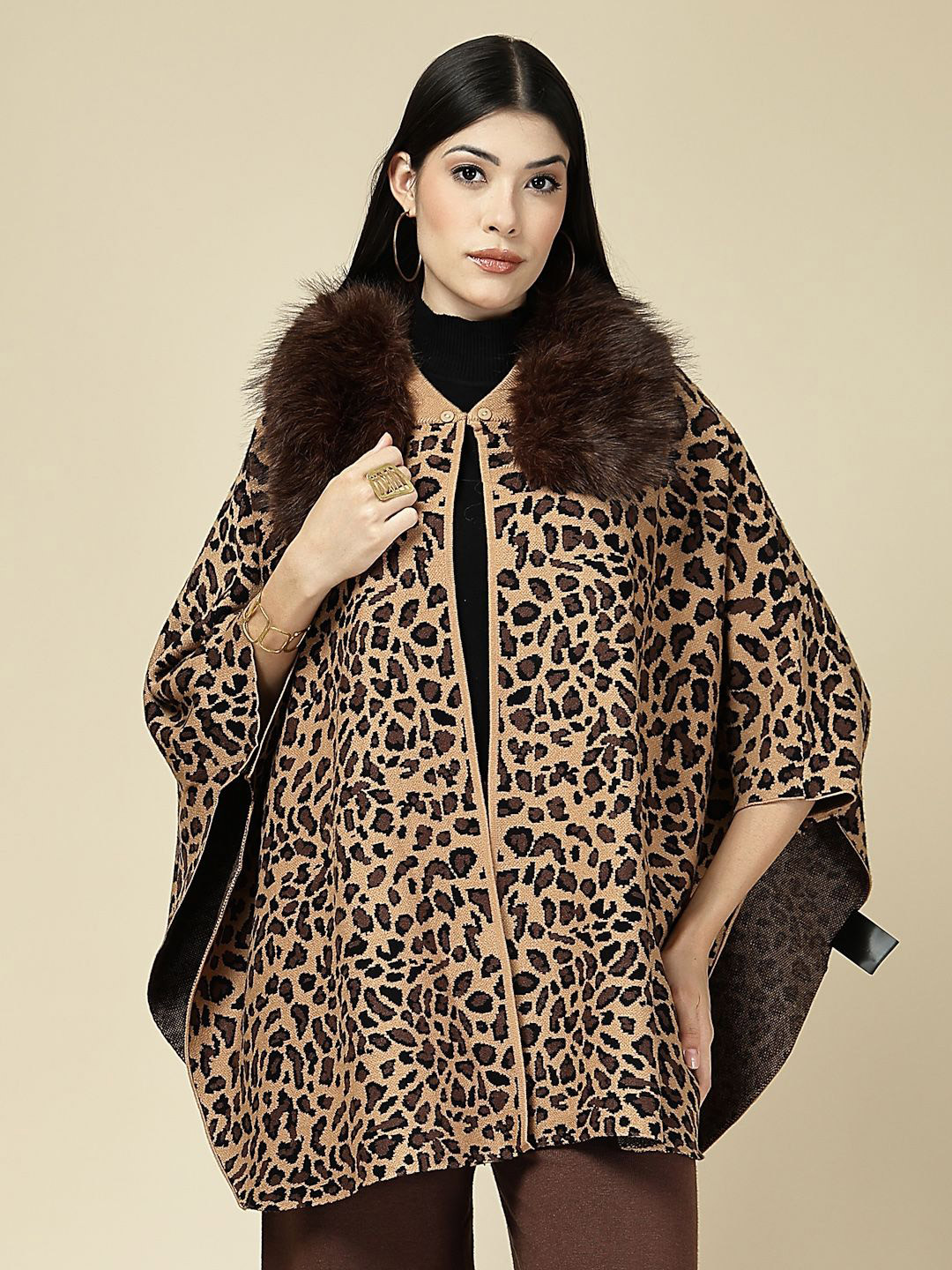 Mafadeny Women Animal Printed Poncho with Faux Fur Ponchu