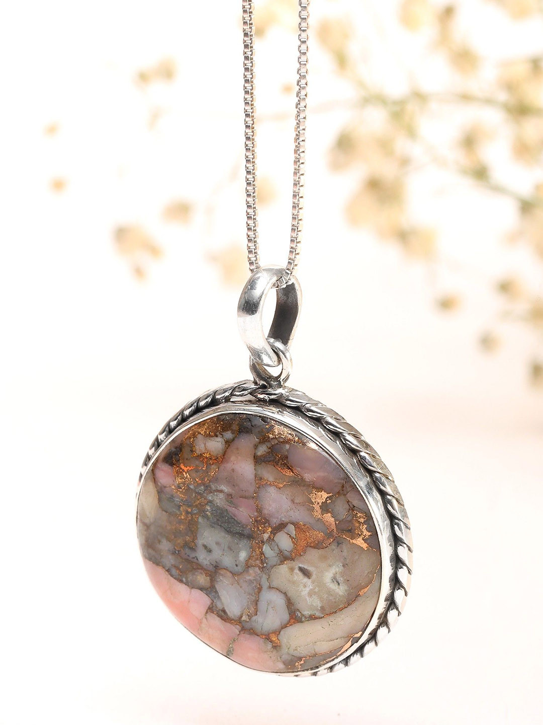 Exotic India Women Sterling Silver Opal Studded Circular Shaped Pendant