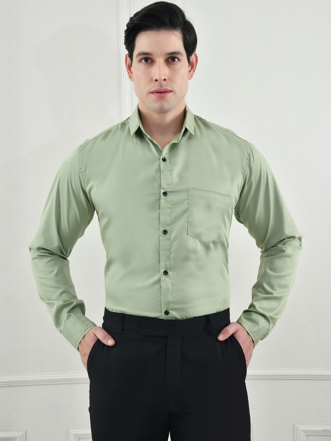 Moda Rapido Men Pista Green Solid Cotton Comfort Formal Shirt