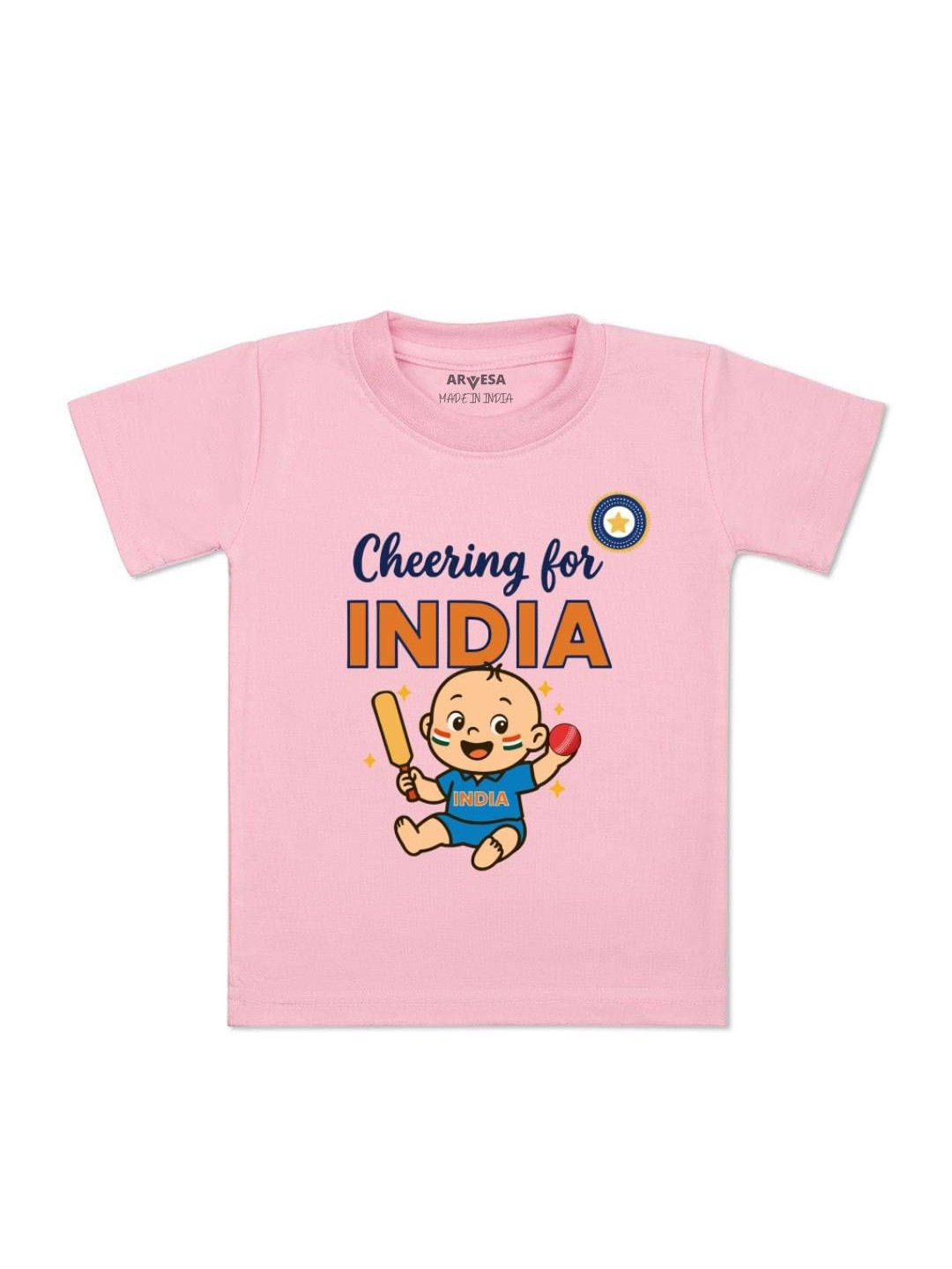Arvesa Kids Cheering For India Graphic Printed Short Sleeves Cotton T-shirt