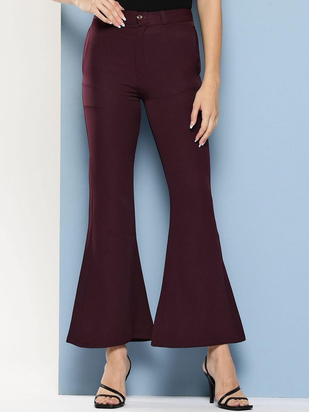 Muhuratam Girls Casual Wear Wine Colour Solid Crepe Pant