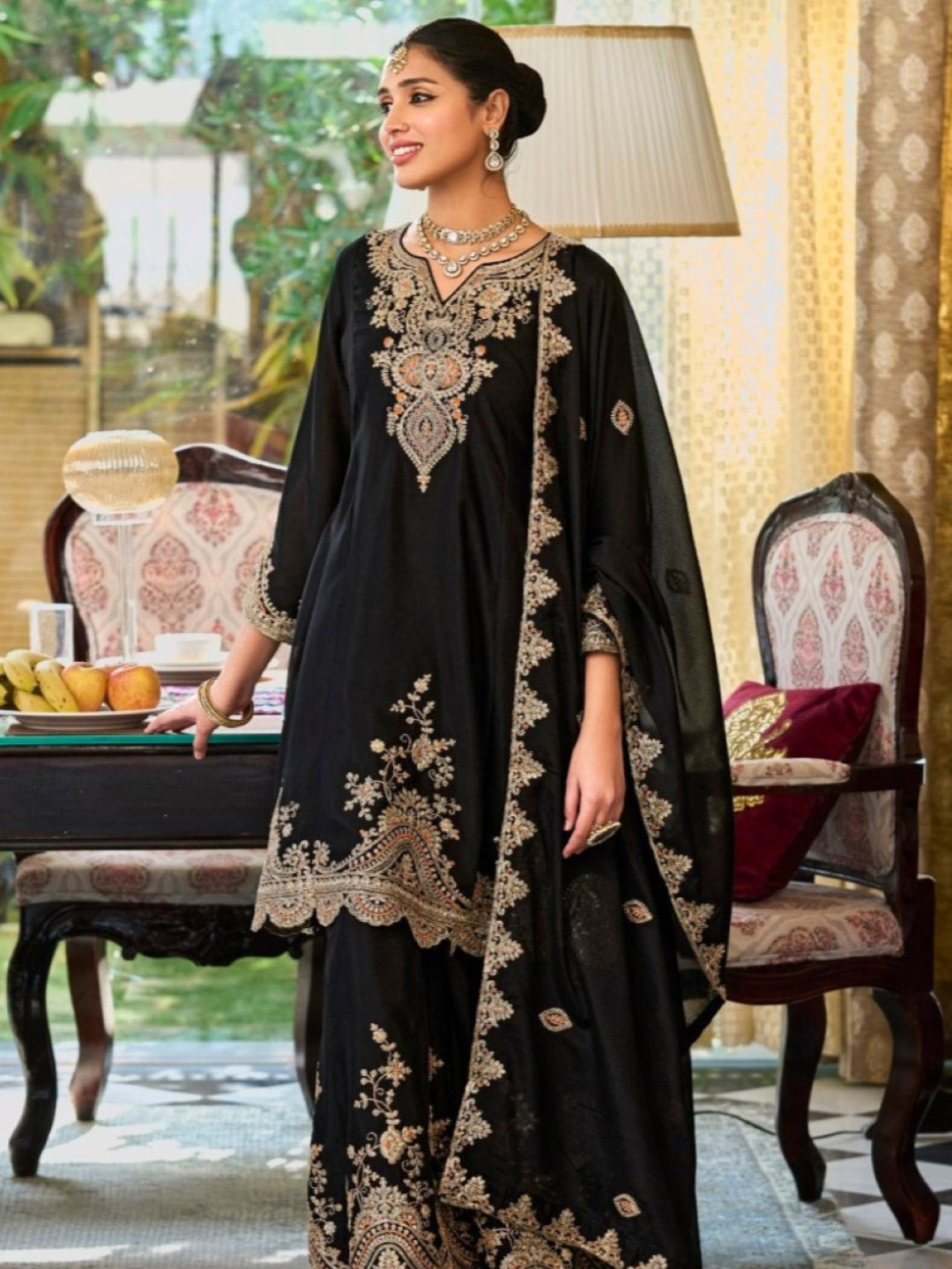 AUTUMN LANE Roshandan Onyx Floral Embroidered A-line Panelled Kurta With Gharara & Dupatta