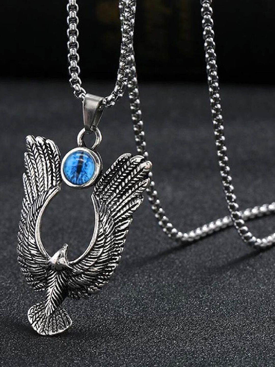 DELSEY Unisex Silver-Plated Stones Studded Flying Eagle Pendant With Chain