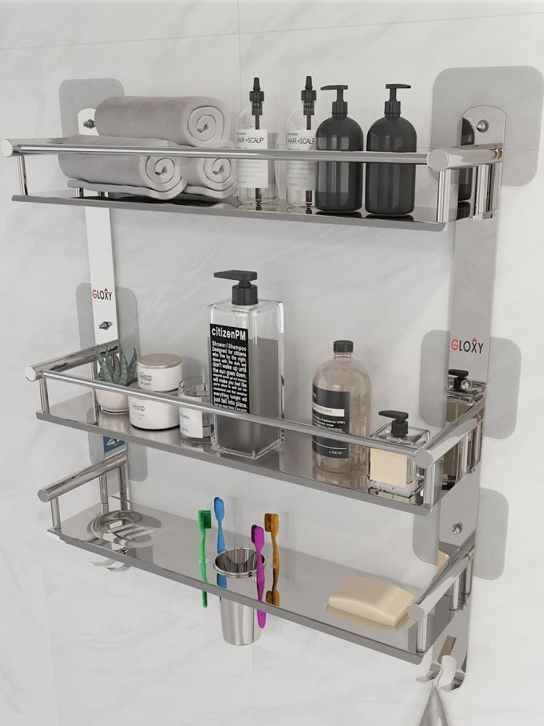 GLOXY Silver Stainless Steel 3 Layer Adhesive Shelf for Bathroom & Multipurpose