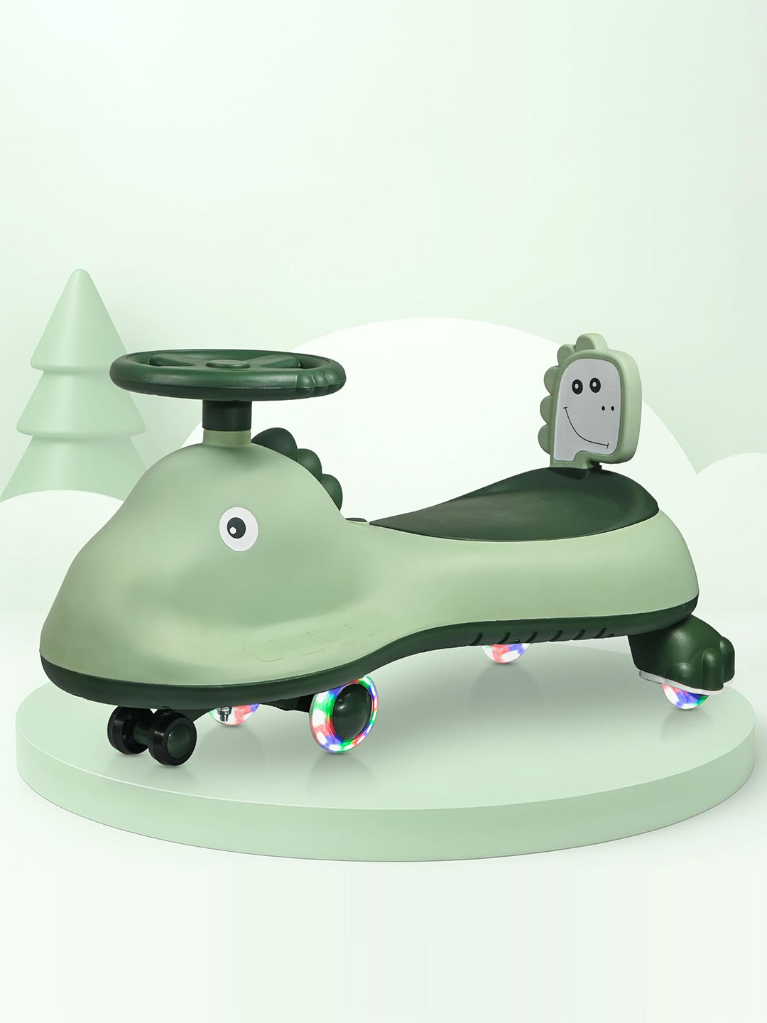 Kuber Industries Shark Green Swing Car Kids Led Wheels with Music 40 Kg Weight