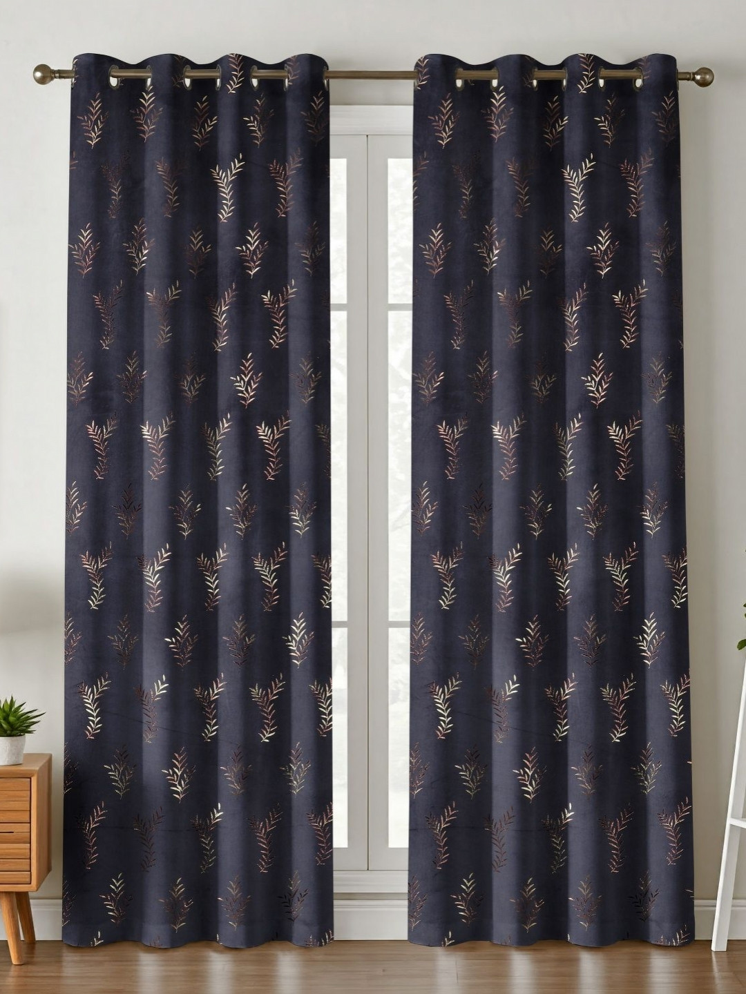 Kiara Creations Blue & Gold Toned 2 Pcs Floral Printed Room Darkening Velvet Door Curtains