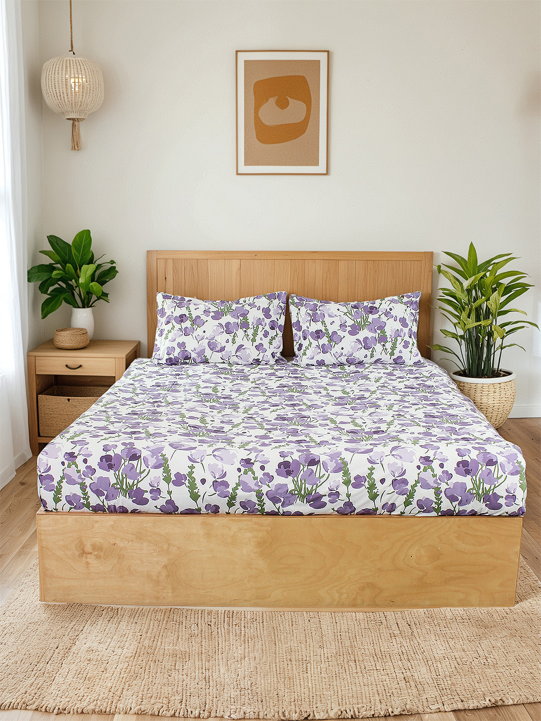House This Purple & White Floral 180 TC Queen Bedsheet with 2 Pillow Covers