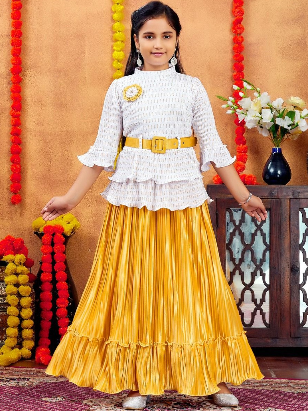 Muhuratam Girls Printed Ready to Wear Lehenga & Choli With Belt