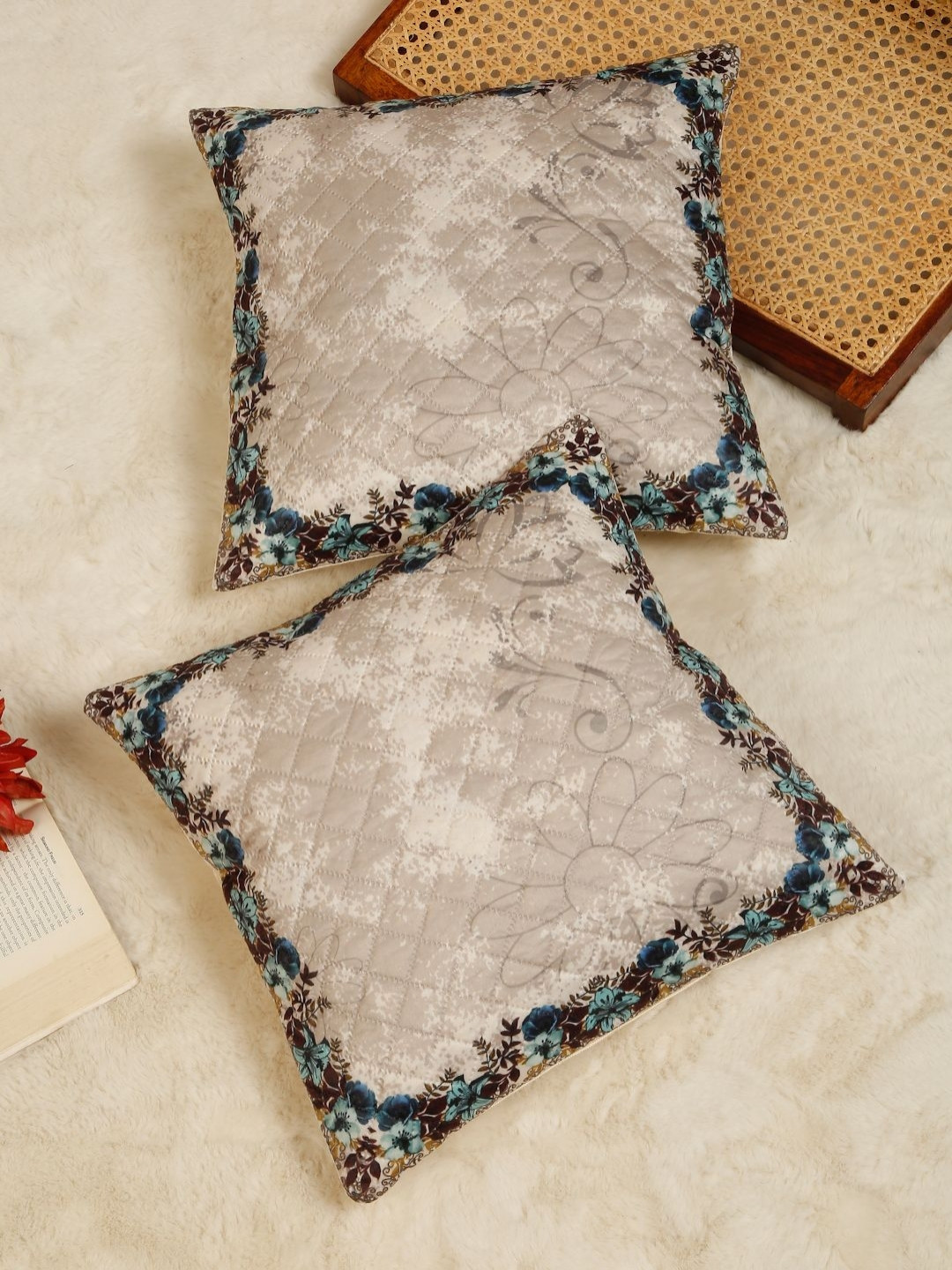 HOSTA HOMES Cream-Coloured & Blue 2 Pieces Floral Velvet Square Cushion Covers