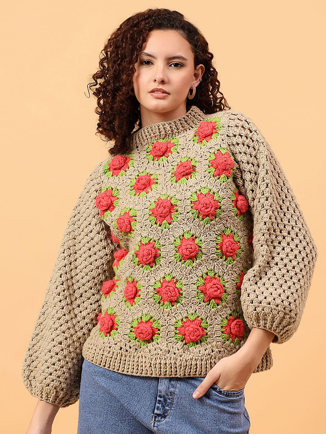 Velvery Women 3D Crochet Rose Pullover Sweater