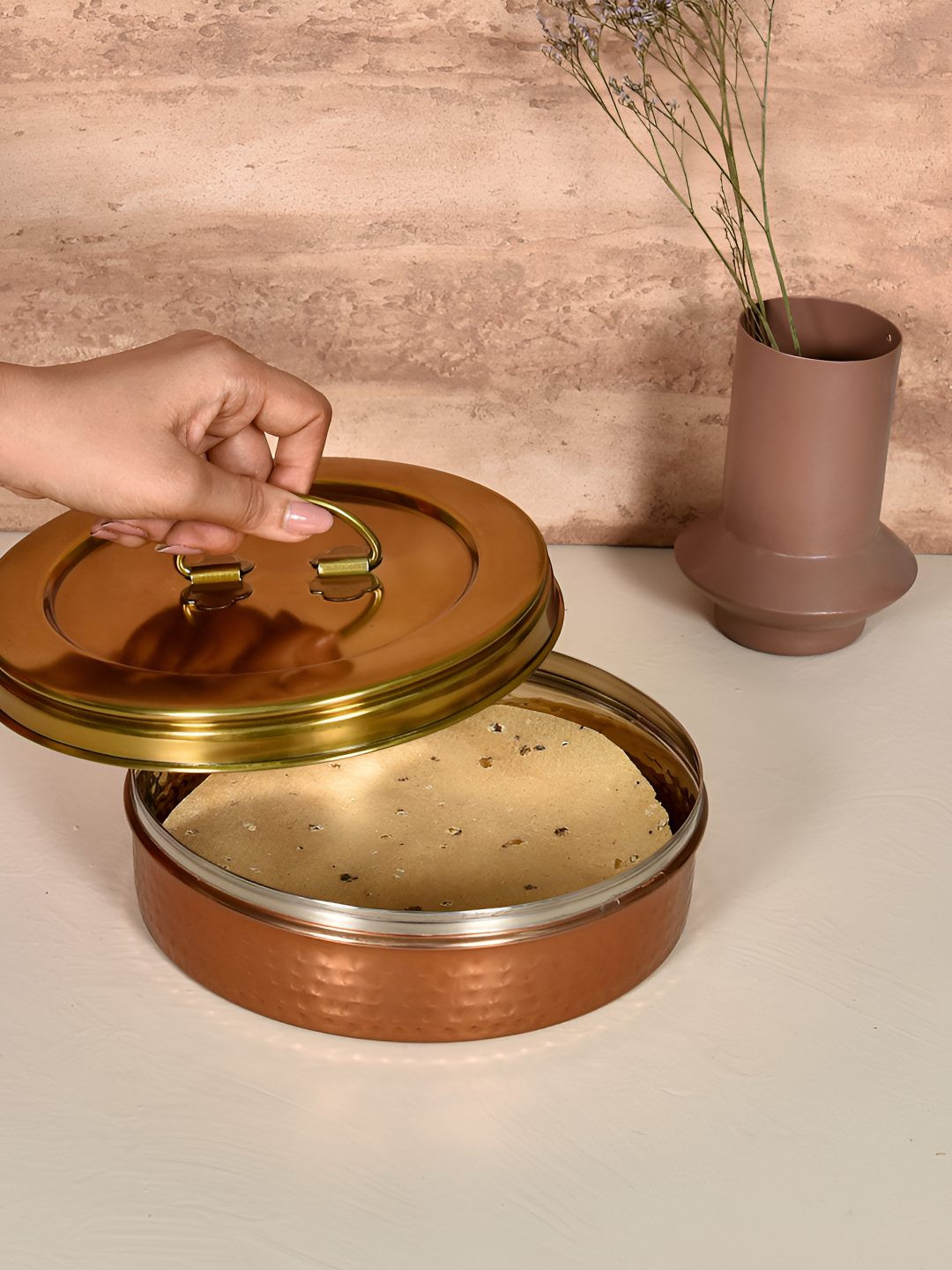 Living With Elan Stainless Steel Gold-Toned Roti Storage Box With Serving Tong