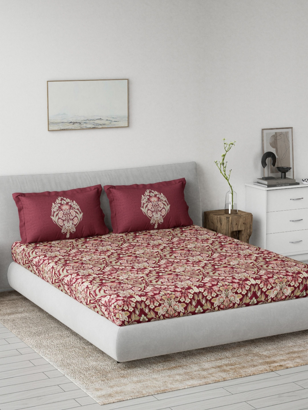 DDecor Primary Collection Red Ethnic Pure Cotton 145TC King Bedsheet with 2 Pillow Covers