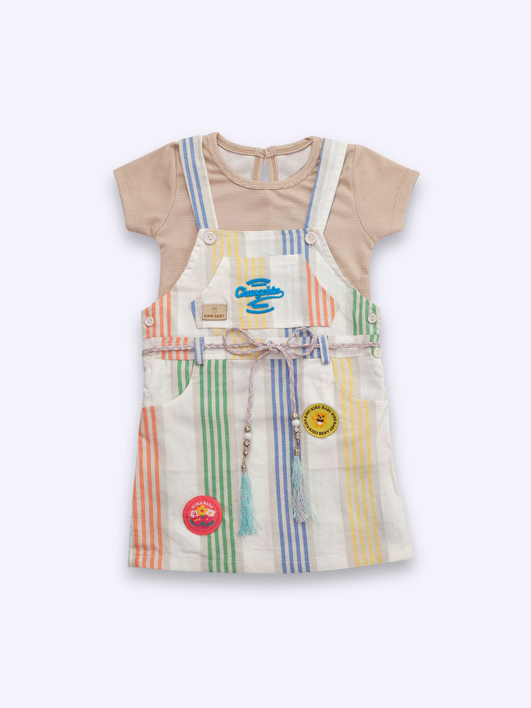 YK x Nice Kidz Girls Striped Cotton Dungaree With T-Shirt