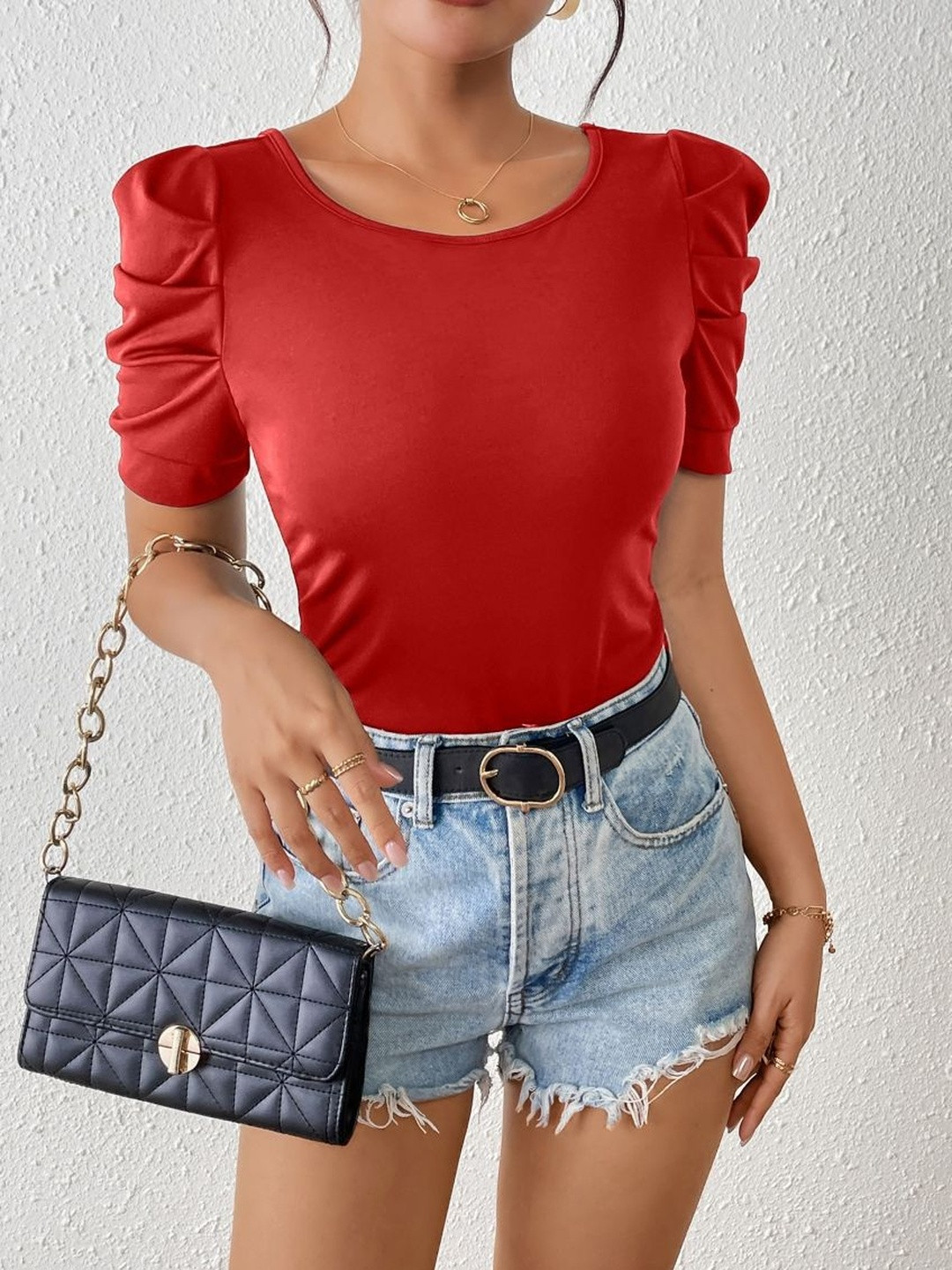 StyleCast Women Round Neck Puff Sleeves Bow Styled Back Top