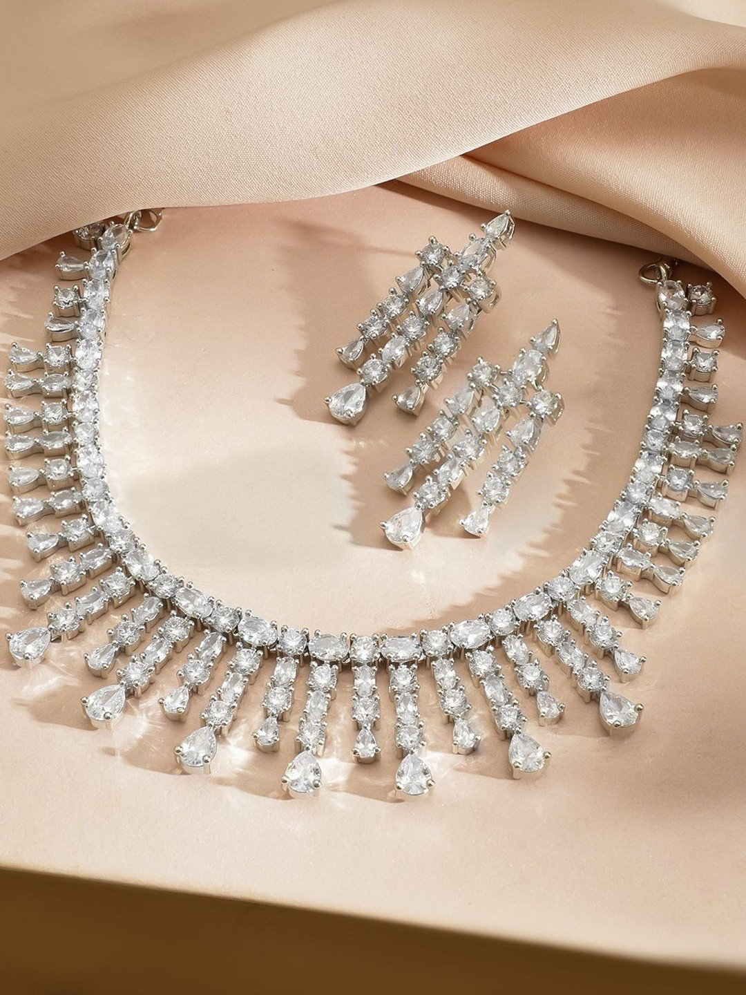 Rubans Rhodium-Plated Sparkling Cubic Zirconia Stone Studded Fringe Luxe Necklace Set