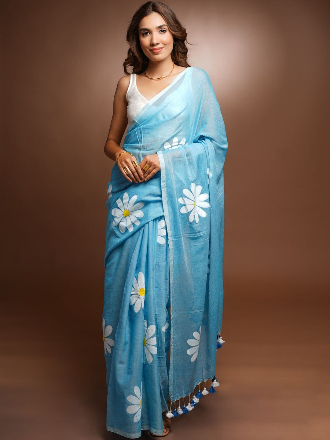 ETHNIC ELEMENTS Floral Hand Painted Pure Cotton Saree