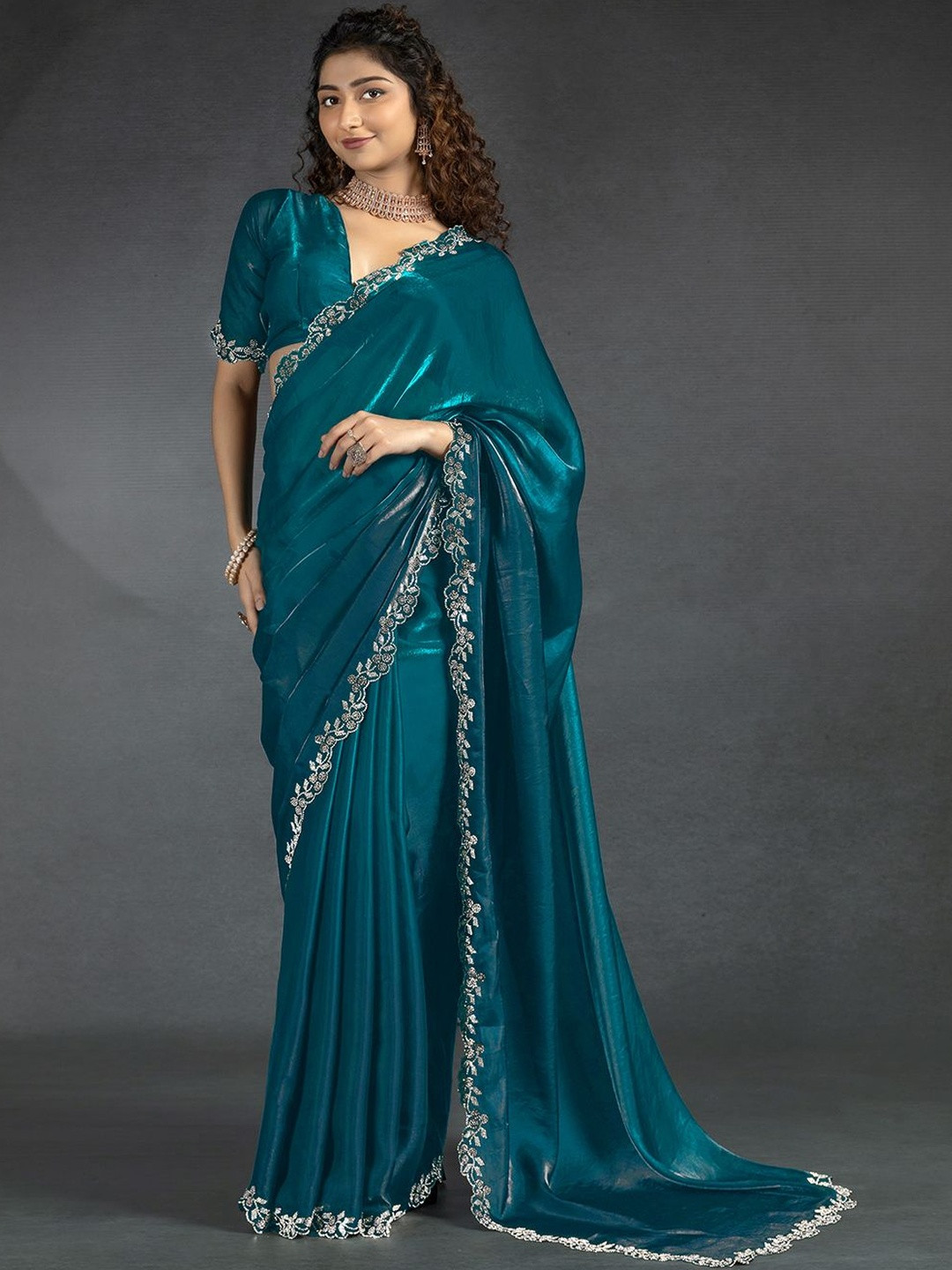 Trendmalls Satin Sirowski Saree with Unstitched Blouse Piece
