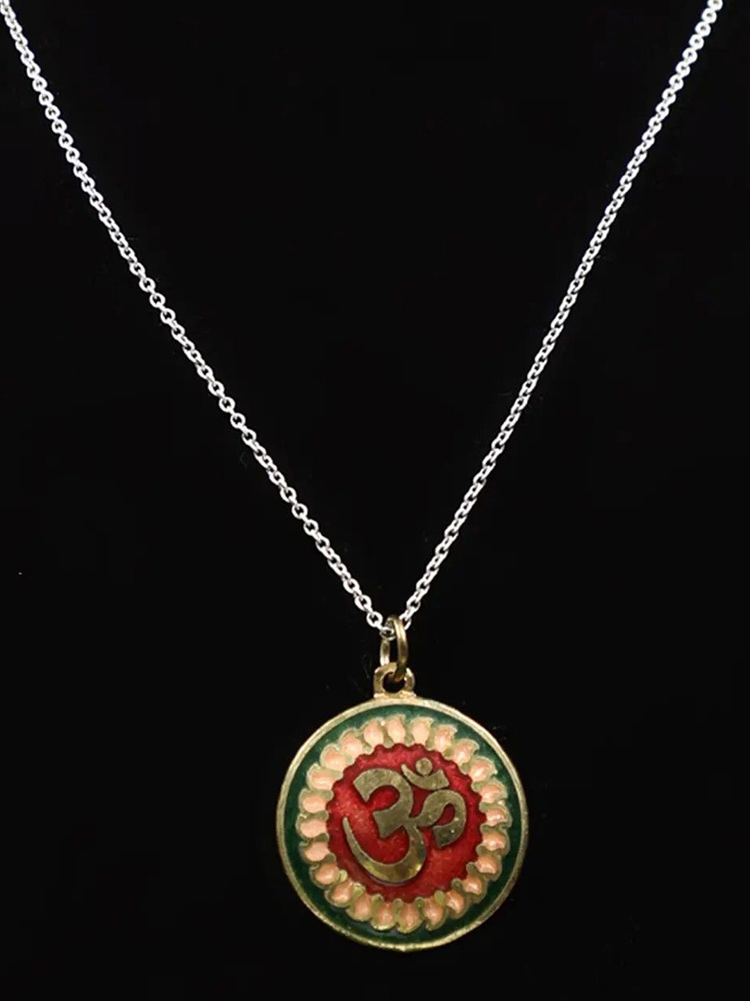 Exotic India Women Green Om Design Round Shape Pendant In Brass