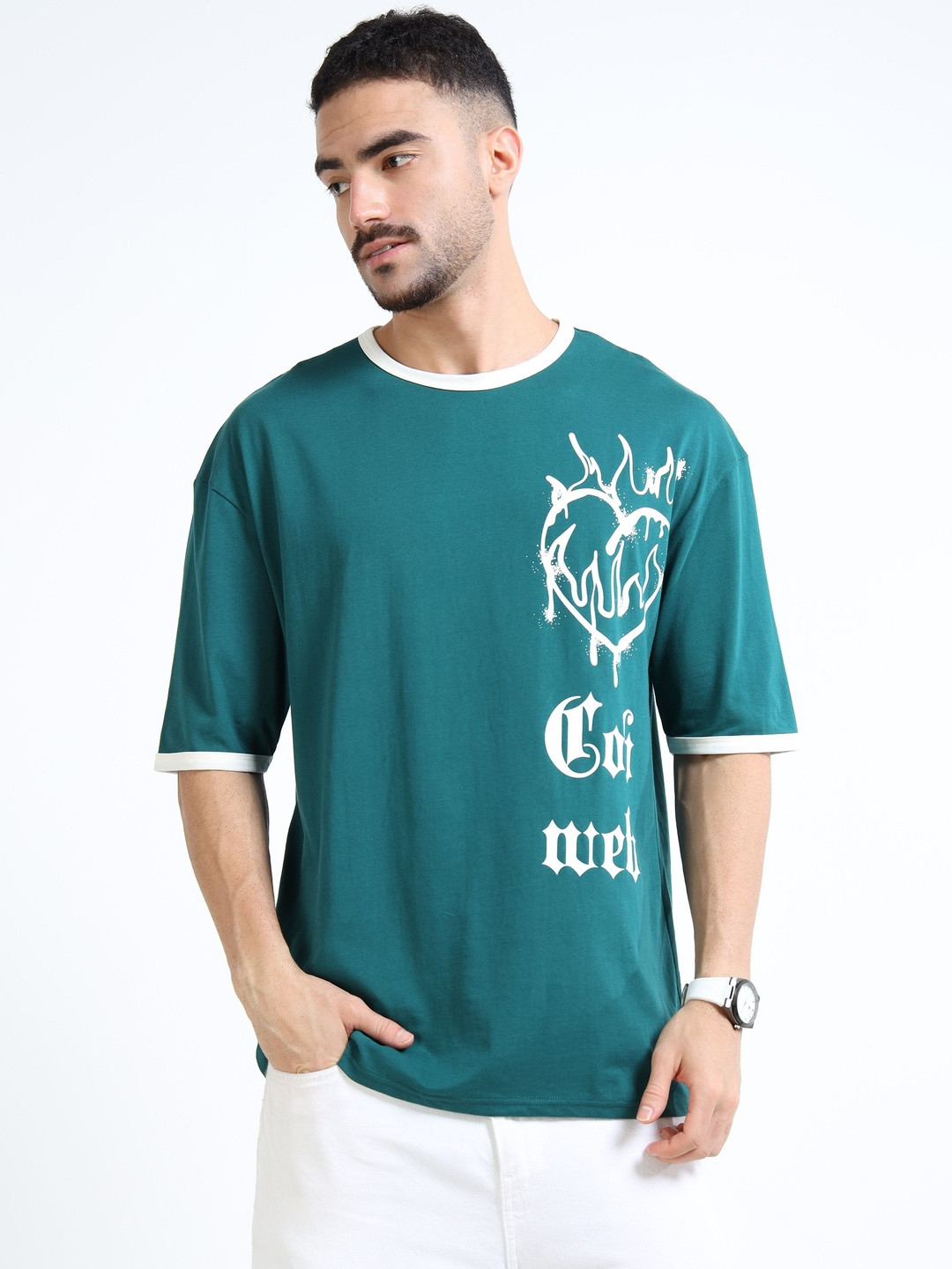 Kook N Keech Blue & Green Graphic Printed Drop-Shoulder Sleeves Cotton T-shirt