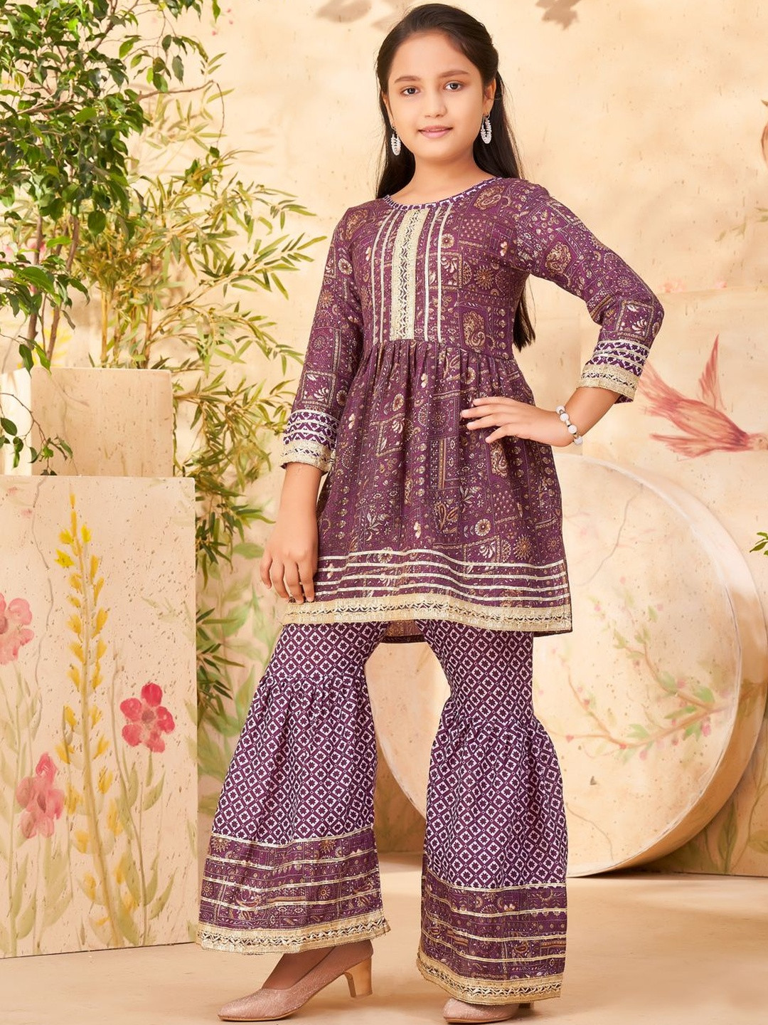 Muhuratam Girls Ethnic Wear Purple Colour Floral Print With Gota Lace Cotton Blend Kurti Sharara Set