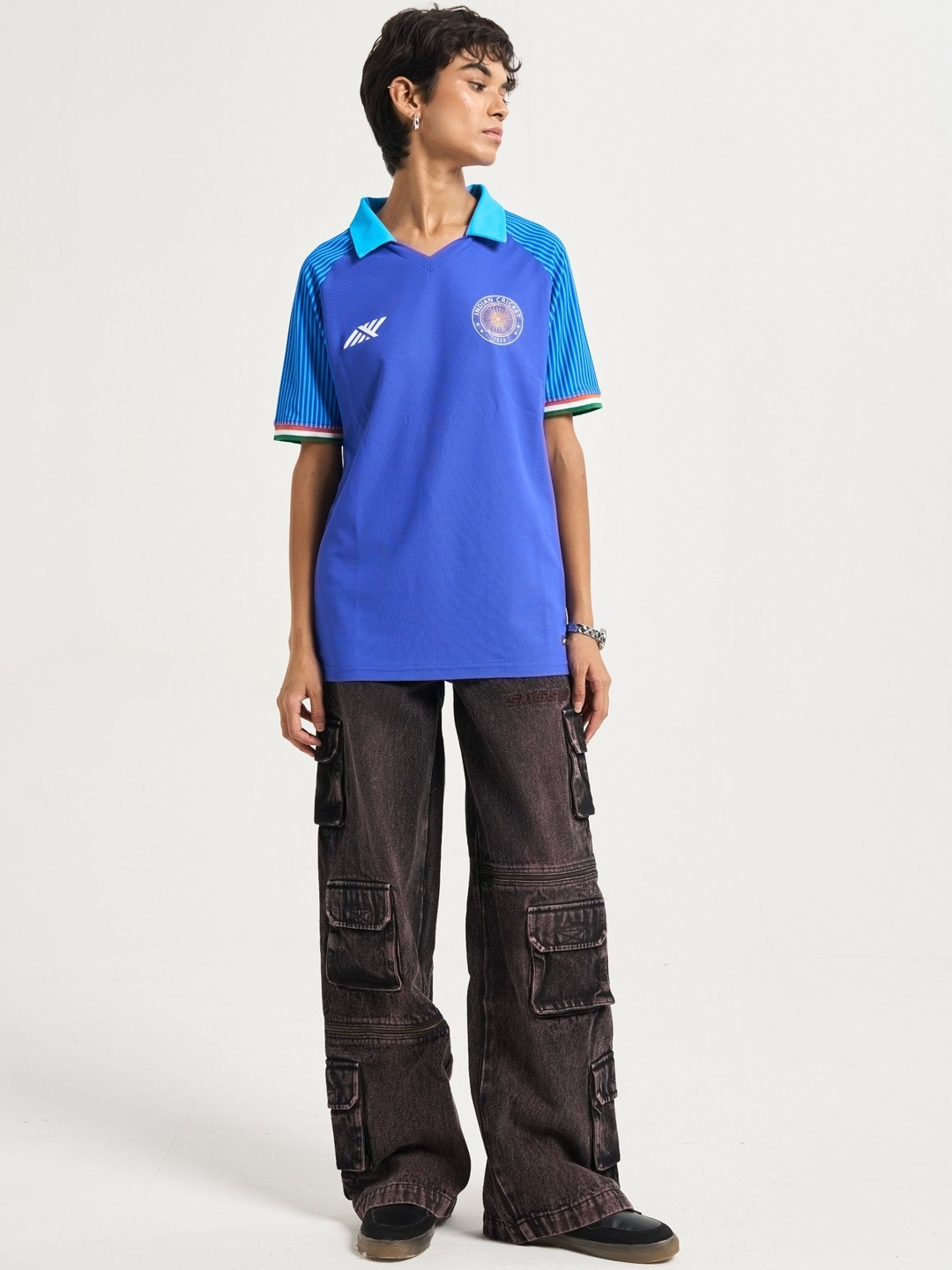 SIX5SIX Striped Polo Collar Raglan Sleeves Regular Fit Indian Cricket Team Sports Jersey