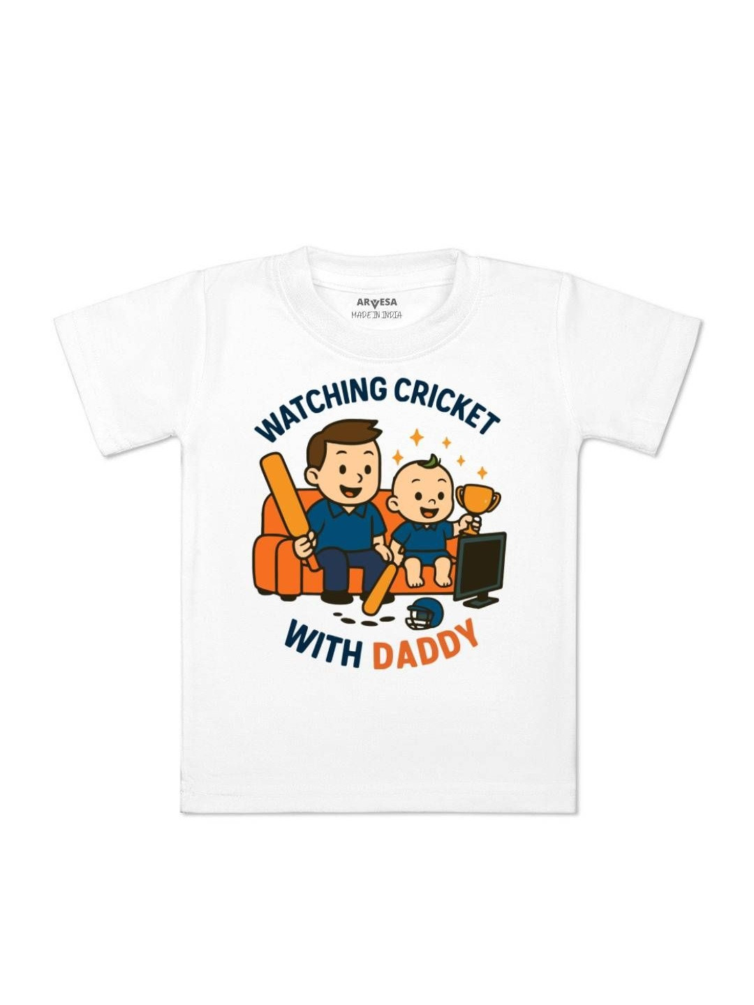Watching Cricket With Daddy Printed Kids Tshirt
