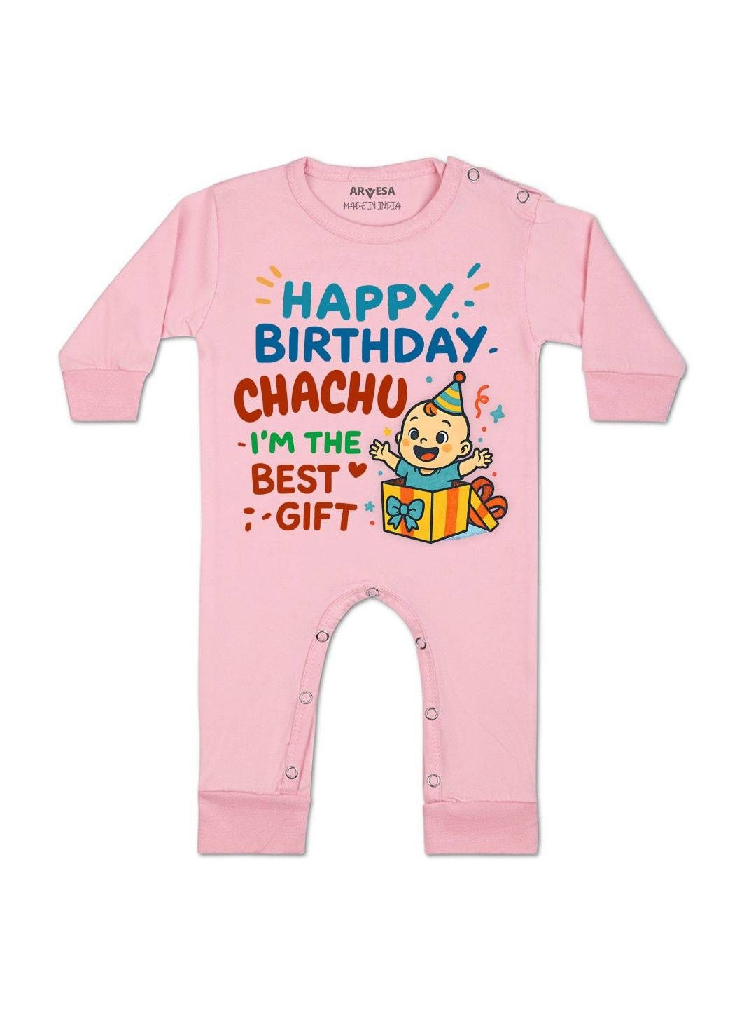 Arvesa Kids Happy Birthday Chachu Printed Round Neck Long Sleeves Rompers