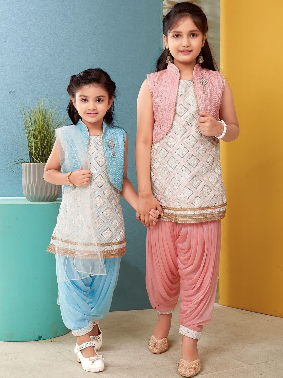 Muhuratam Girls Ethnic Wear White-Peach Sequin Embroidery Lace Work Silk Kurti Patiala With Jacket