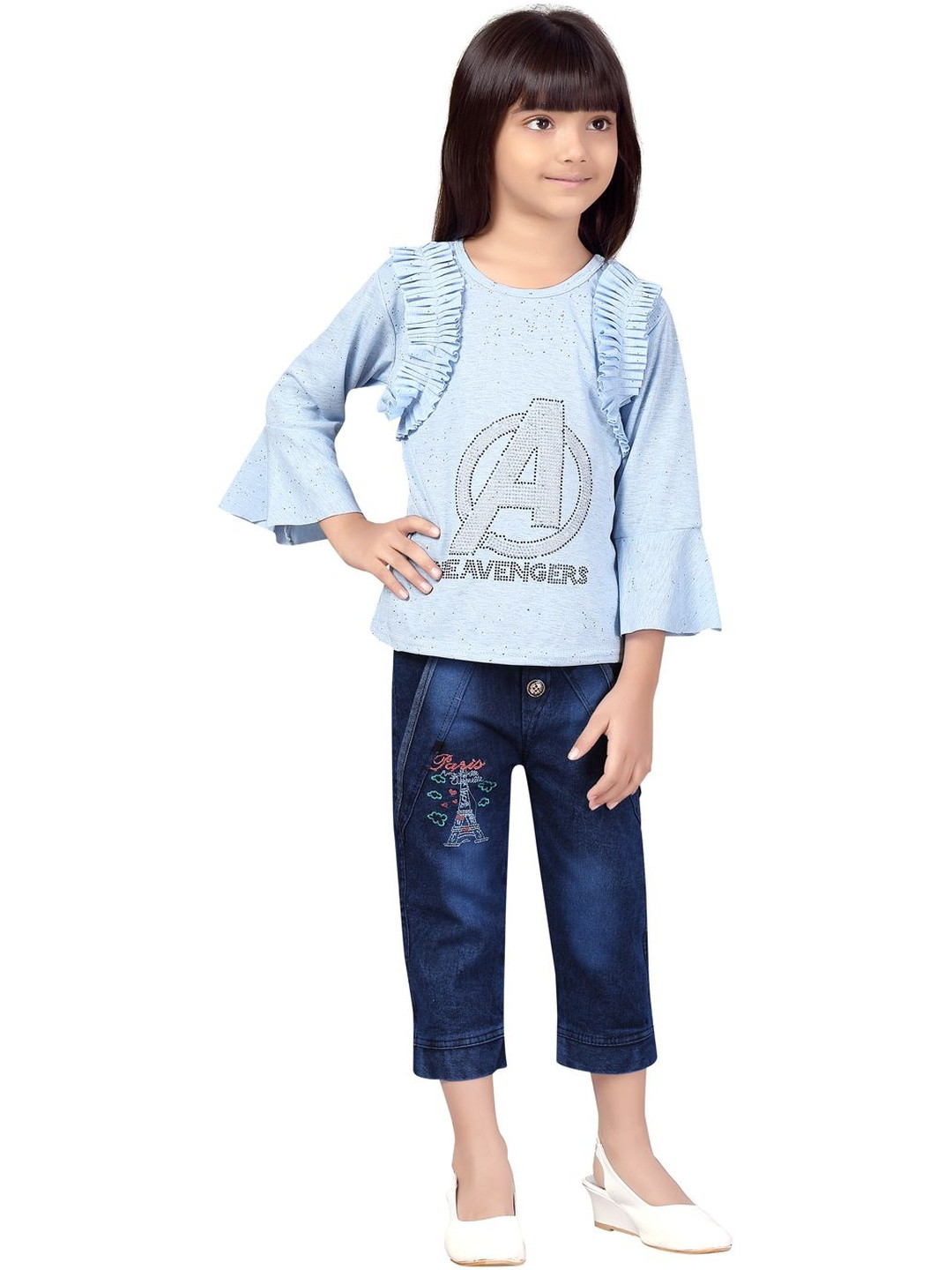Muhuratam Girls Sky Blue-Blue Colour Embellished Polyester Top & Capri
