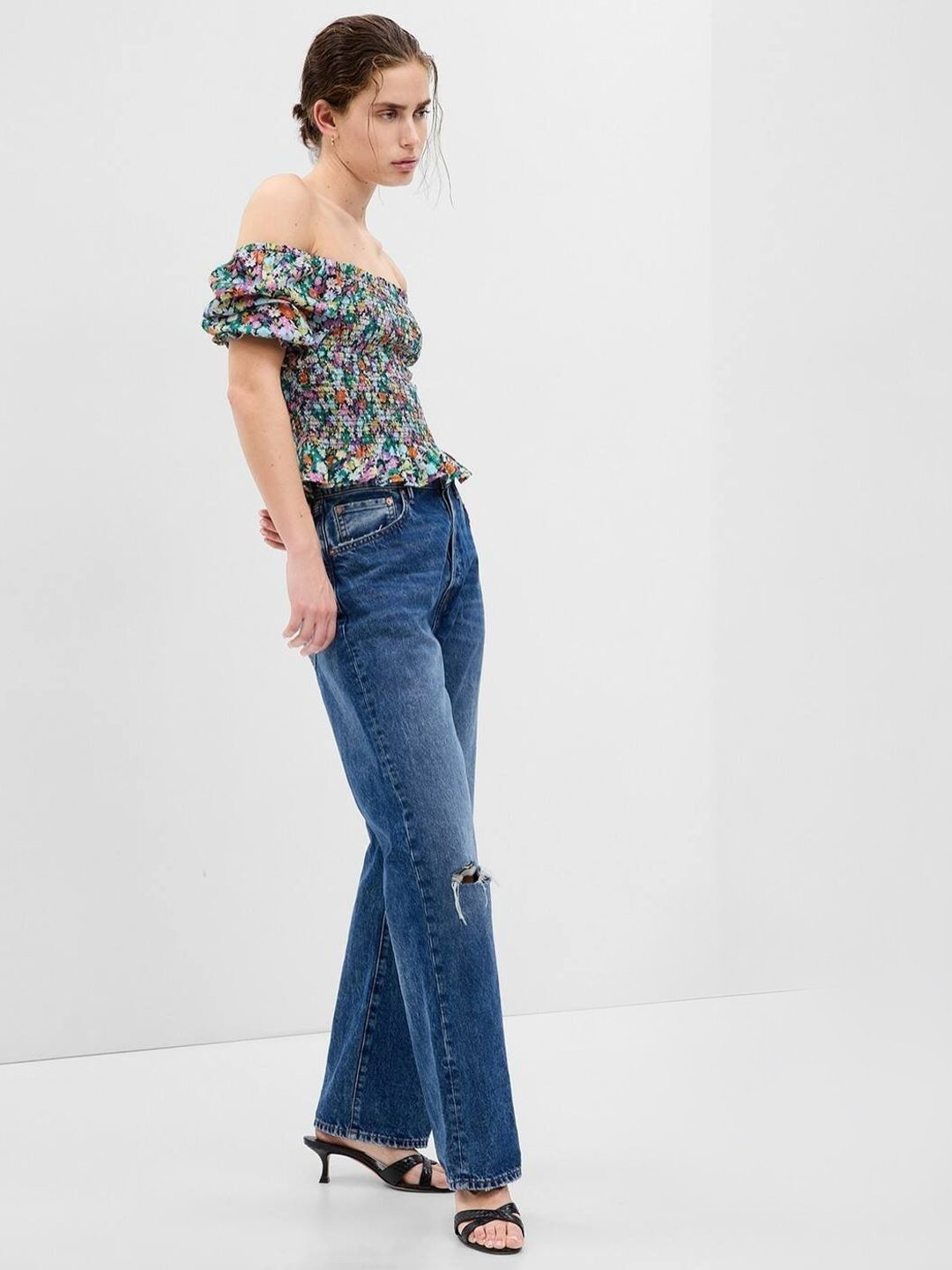 GAP Women Floral Printed Pure Cotton Skinny Fit Square-Neck Peplum Top