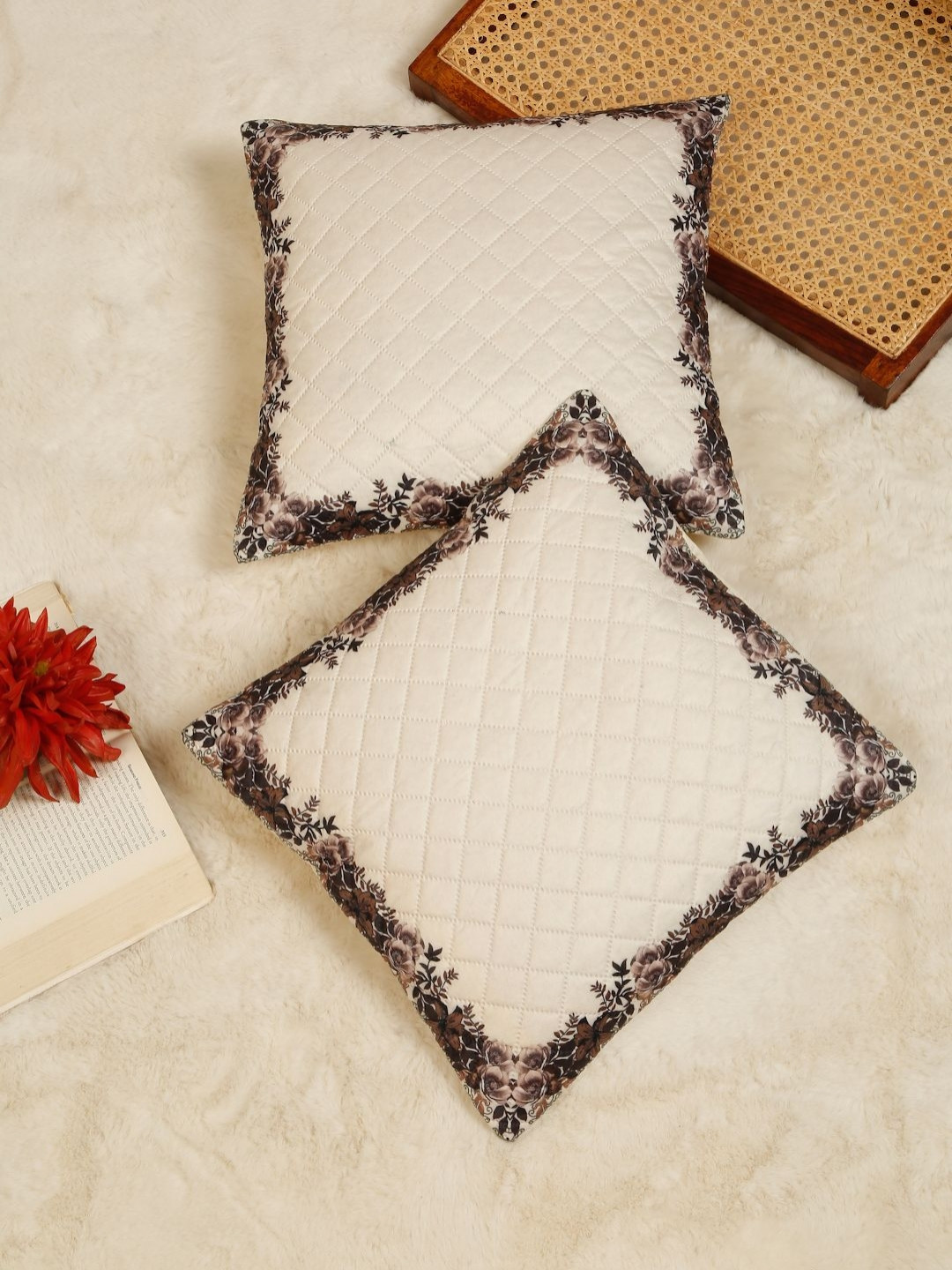 HOSTA HOMES Cream-Coloured & Black 2 Pieces Floral Velvet Square Cushion Covers
