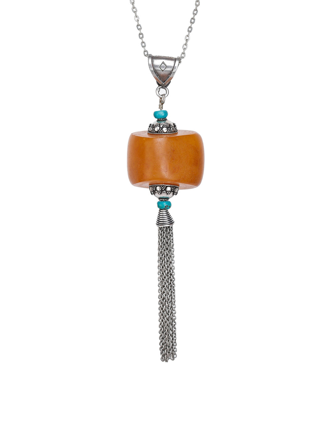 Exotic India Women Sterling Silver Amber & Turquoise Beaded Oxidised Contemporary Pendant