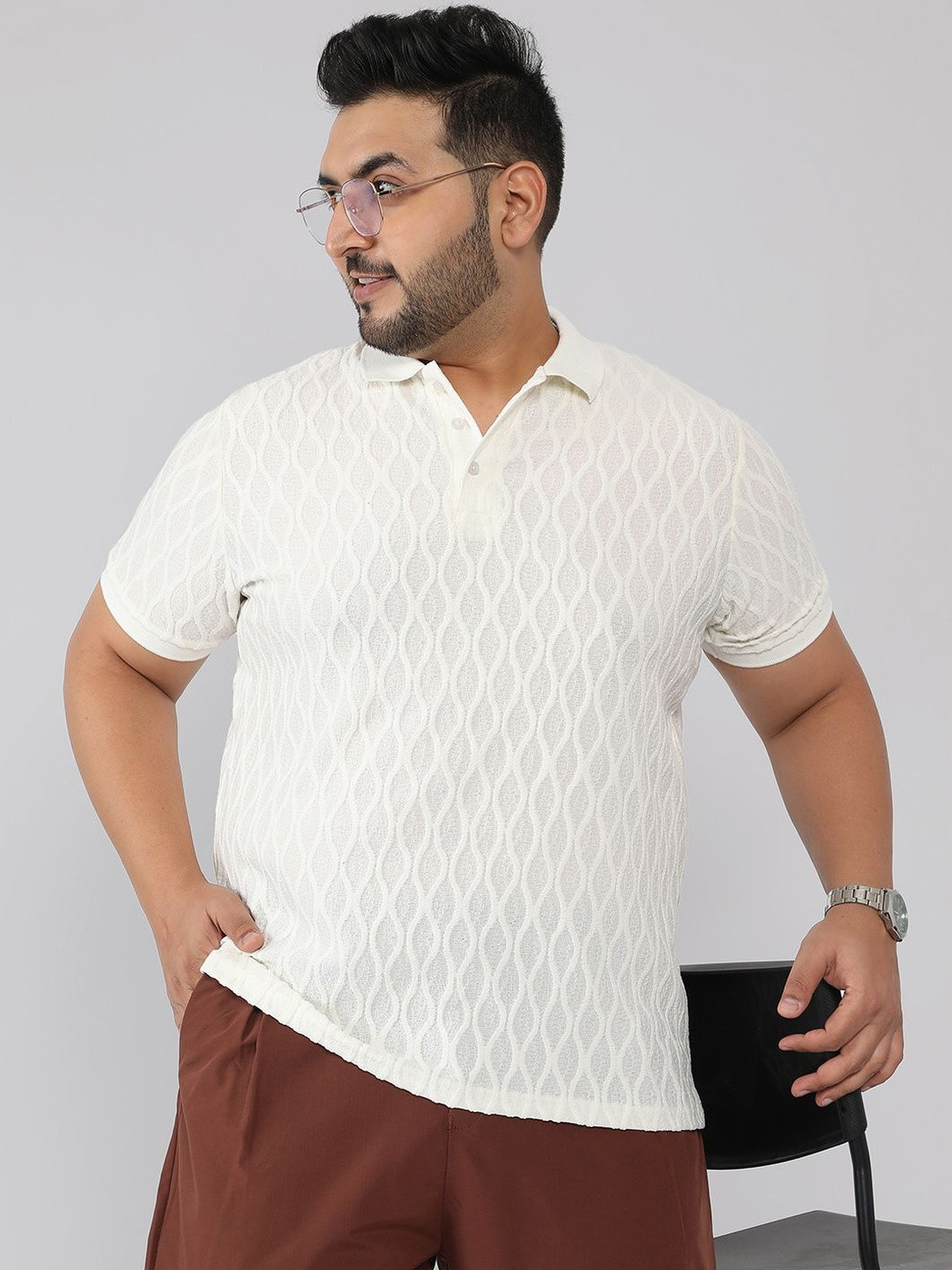 Instafab Plus Self Design Polo Collar Cotton Regular Fit Plus Size T-shirt