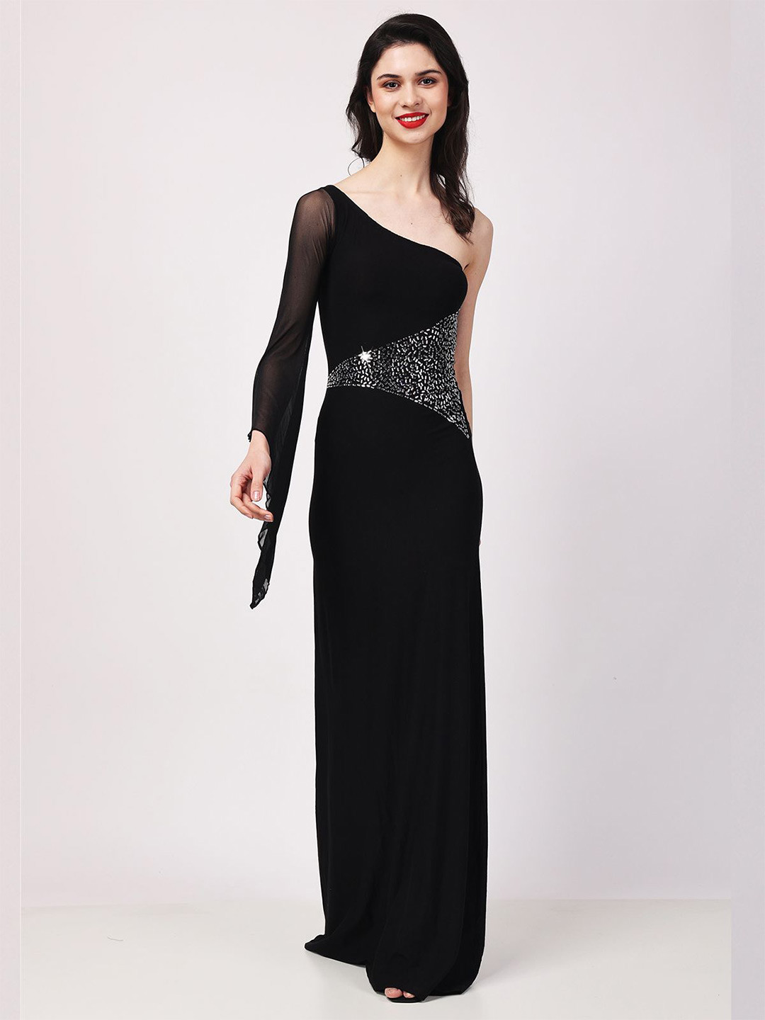 Lola  Dola Women Embellished One Shoulder Flared Bodycon Dress