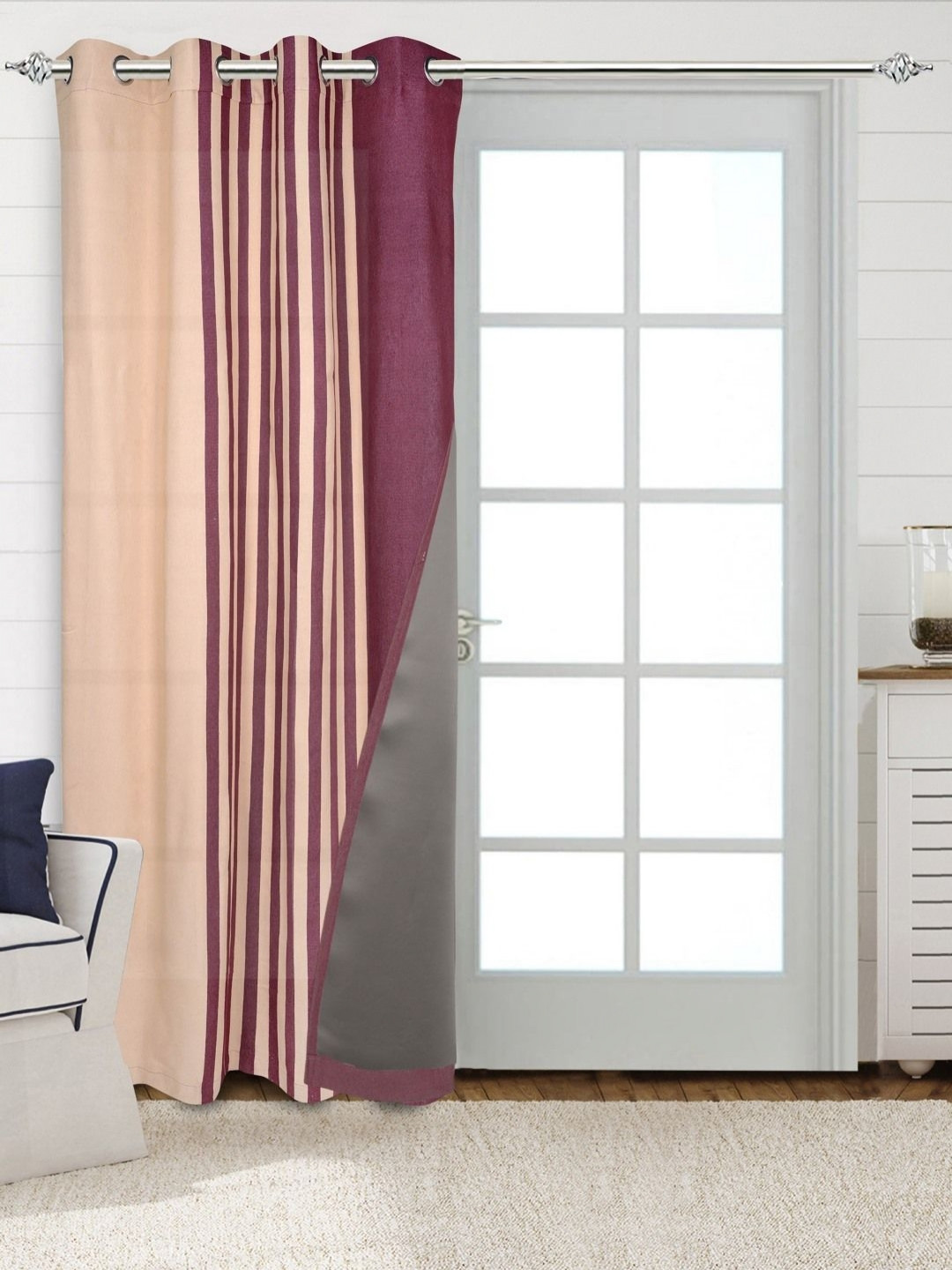Saral Home Maroon & Beige Striped Black Out Cotton Non-Fading Long Door Curtain
