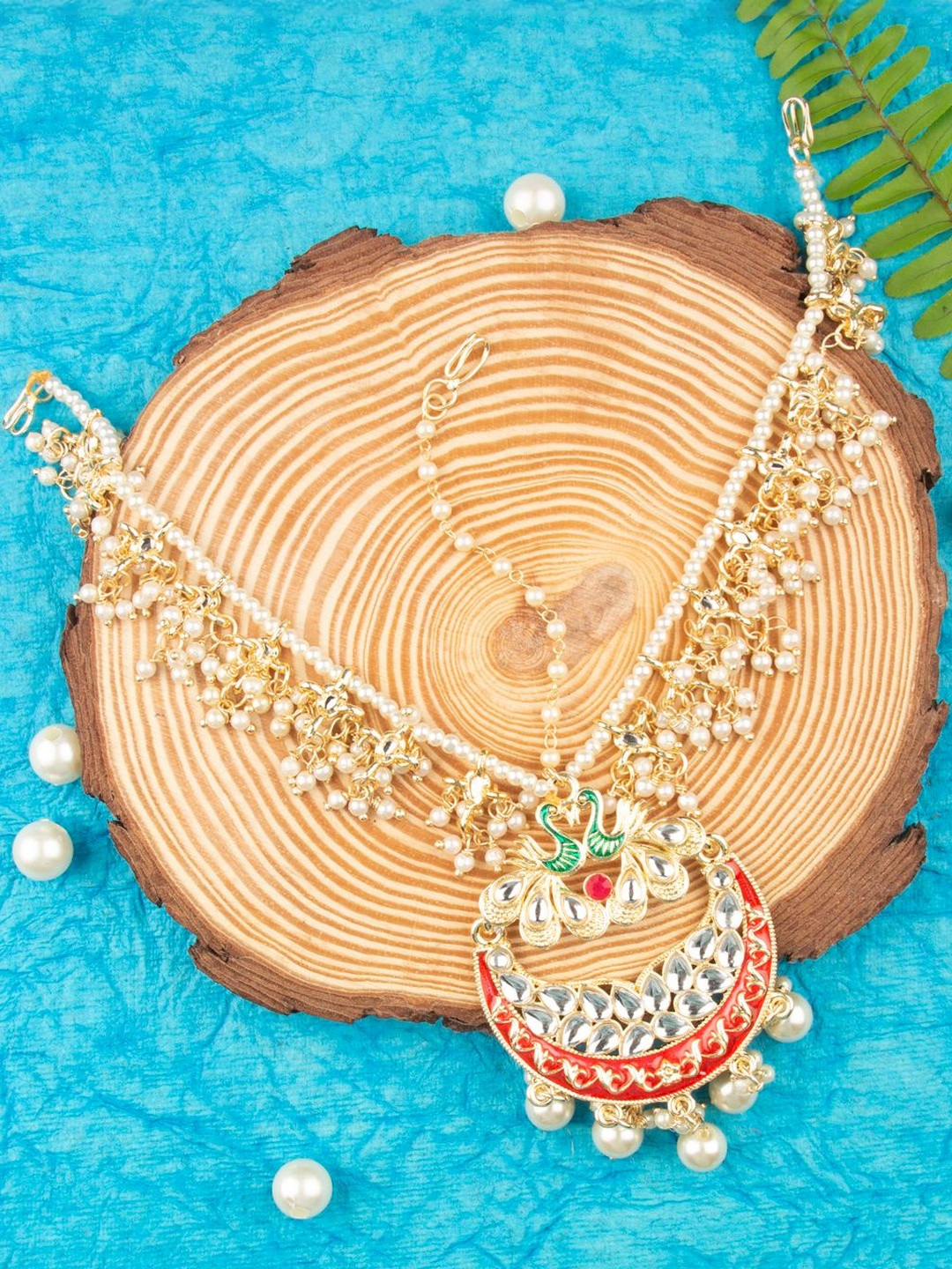 Sangria Women Gold-Plated Kundan Studded and Pearl Mathapatti Head Jewellery