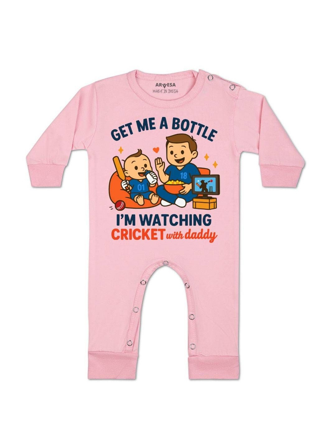 I'm Watching Cricket With Daddy Printed Baby Rompers