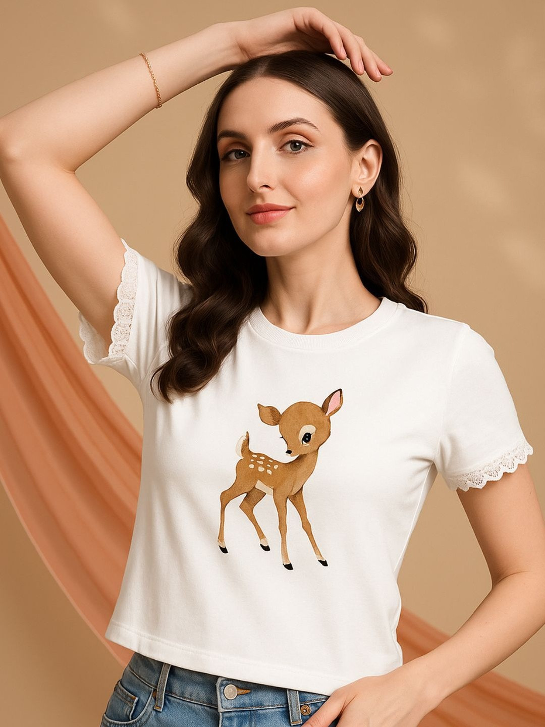 EVERDION Bambi Printed Slim Fit Round Neck Embellished Cotton Crop T-shirt