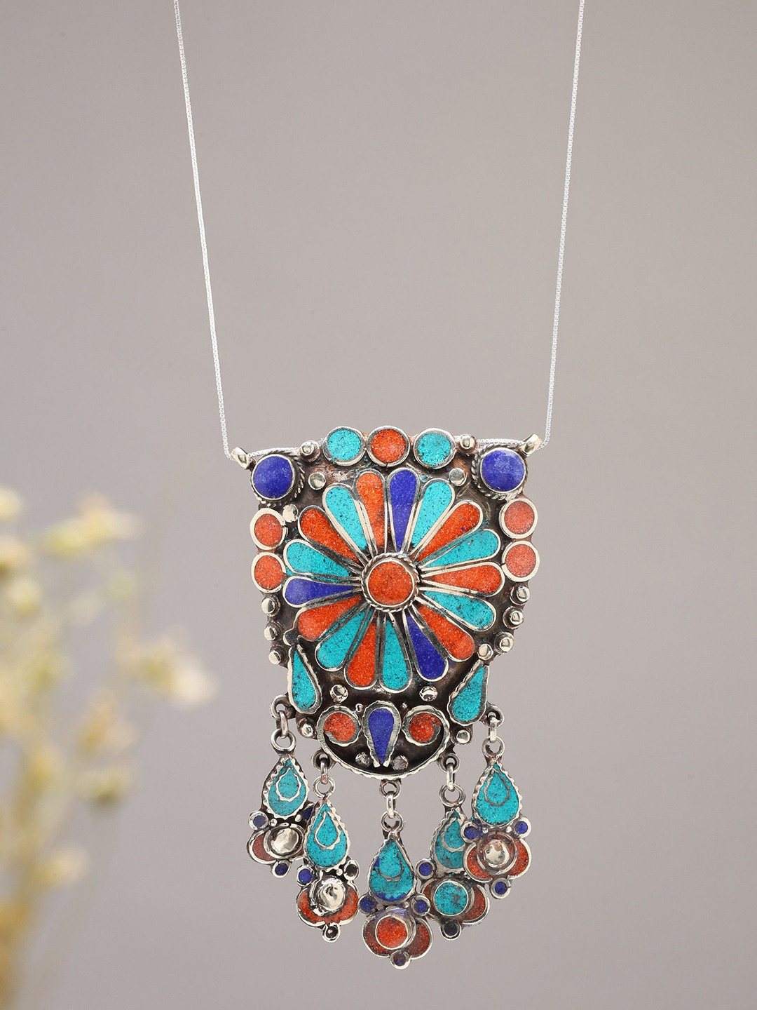 Exotic India Women Imitation Turquoise Coral and LapisLazuli Studded Tibetan Style Pendant