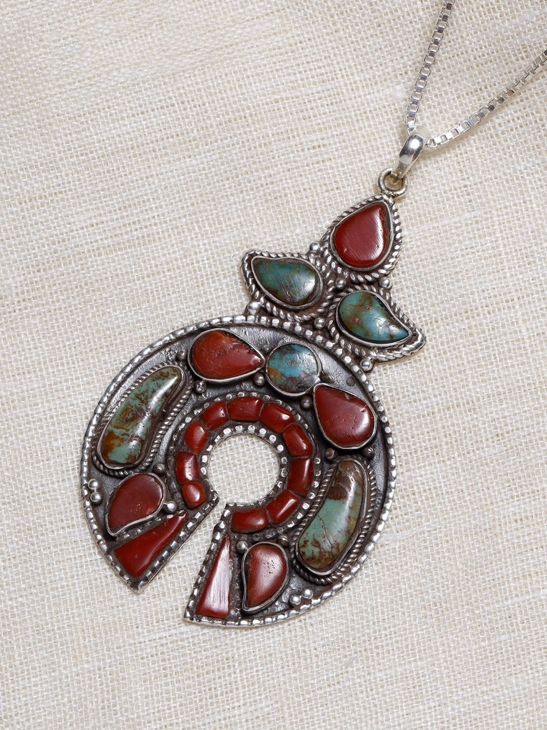 Exotic India Women 925 Sterling Silver Turquoise & Coral Studded Teardrop Shaped Pendant